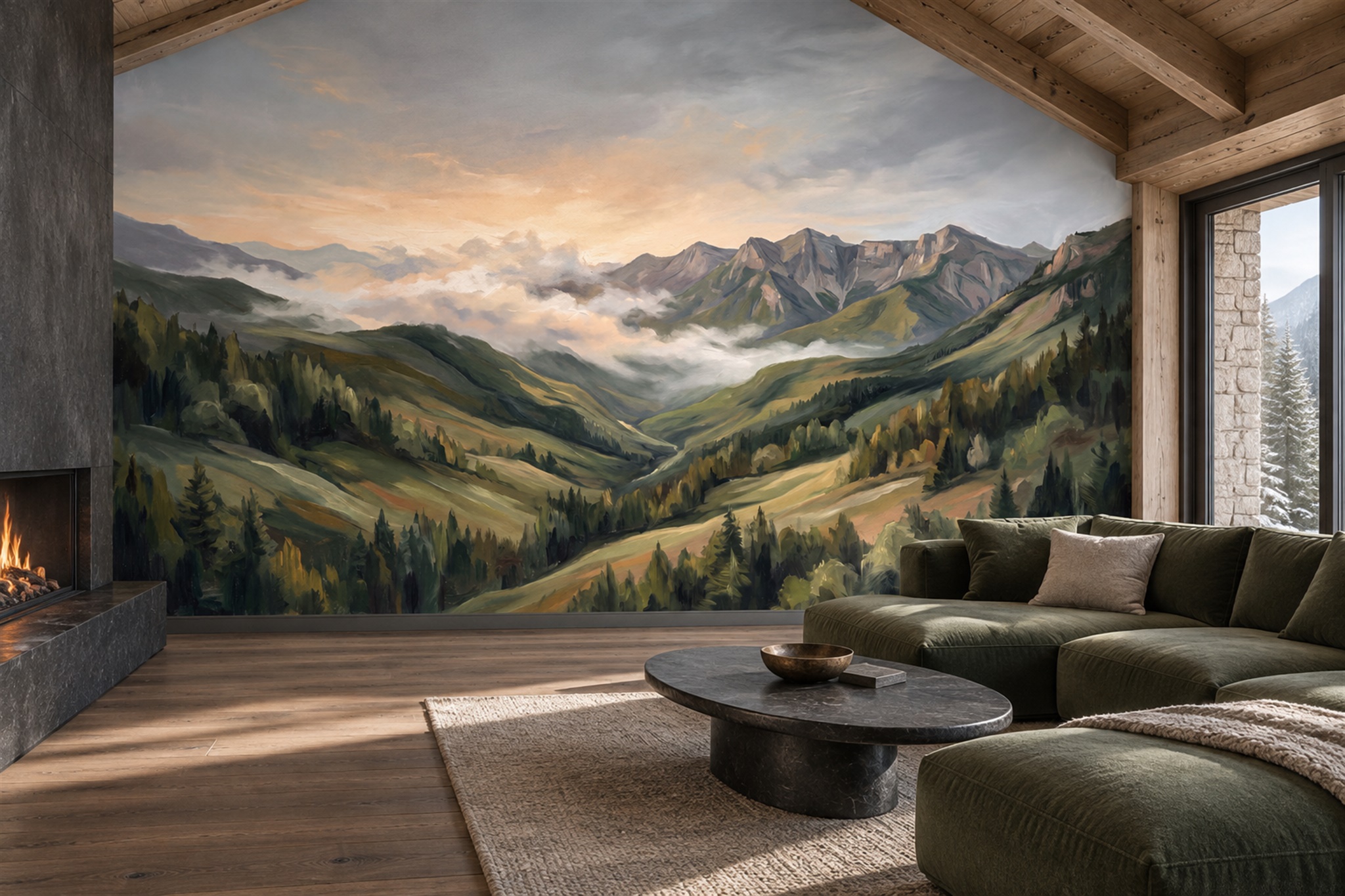 Misty Mountain Valley At Sunset Wallpaper Mural — Wallpaper Mural Design, Peel-and-stick Finish