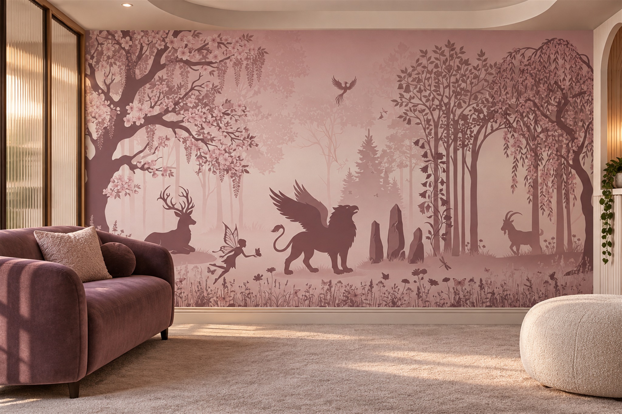Pink Enchanted Forest With Deer, Fairy And Griffin Wallpaper Mural — Wallpaper Mural Design, Peel-and-stick Finish