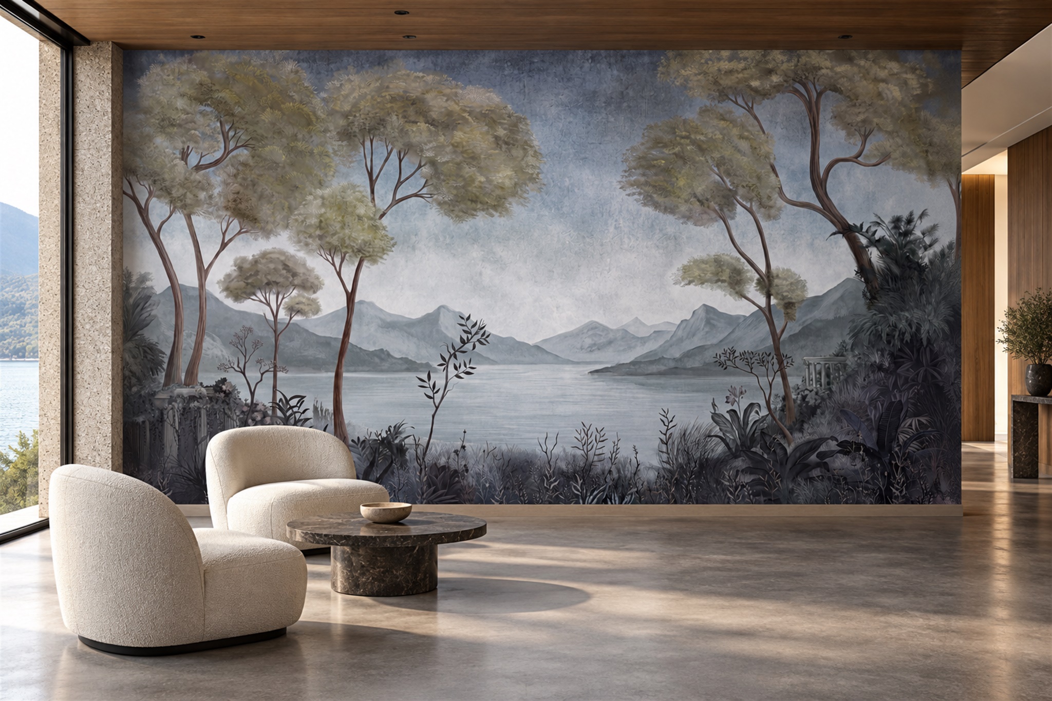 Grey Lake Scenic Wallpaper Mural Living-room-wallpaper-murals, Peel-and-stick Finish