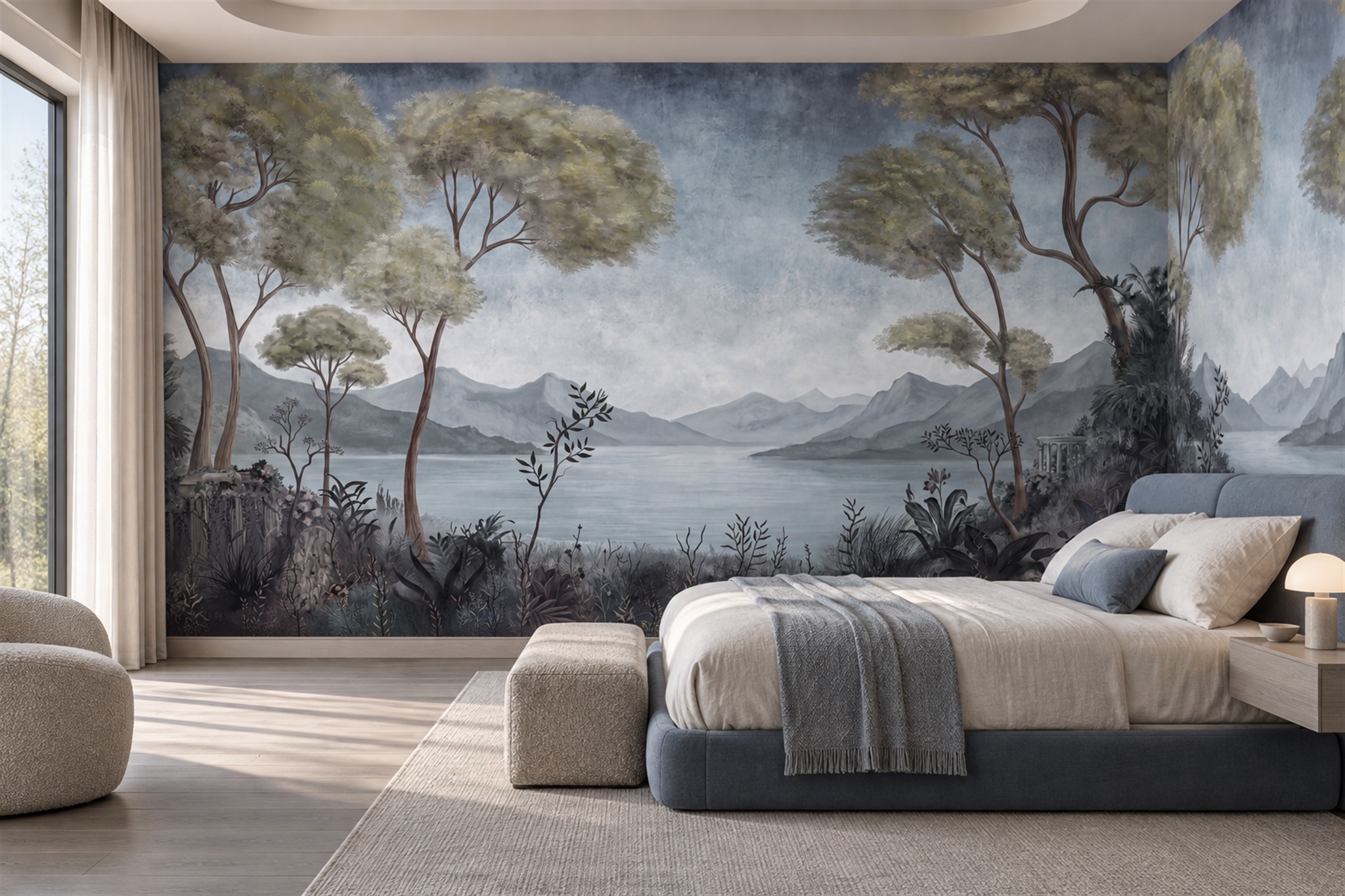 Grey Lake Scenic Wallpaper Mural Bedroom-wallpaper-murals, Peel-and-stick Finish