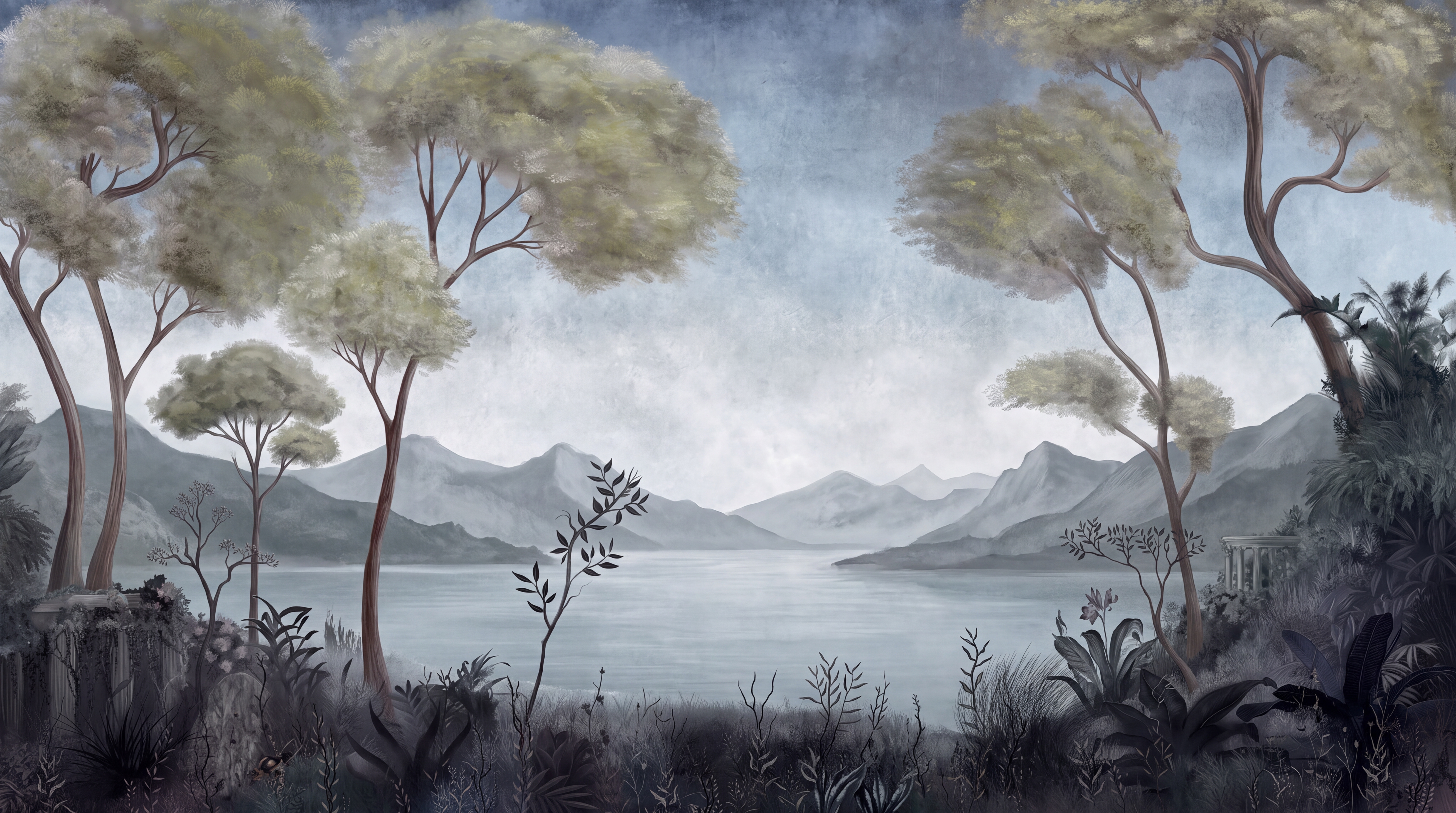 Grey Lake Scenic Wallpaper Mural, Peel-and-stick Finish