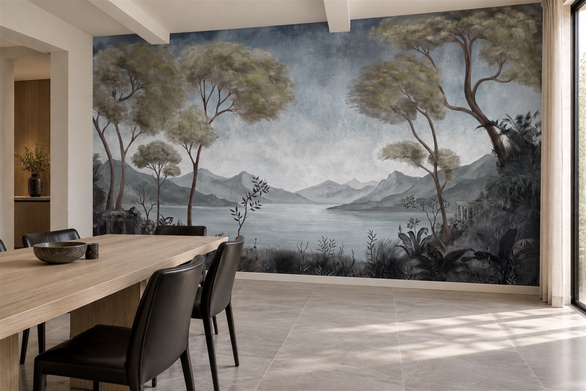 Grey Lake Scenic Wallpaper Mural Living-room-wallpaper-murals, Peel-and-stick Finish