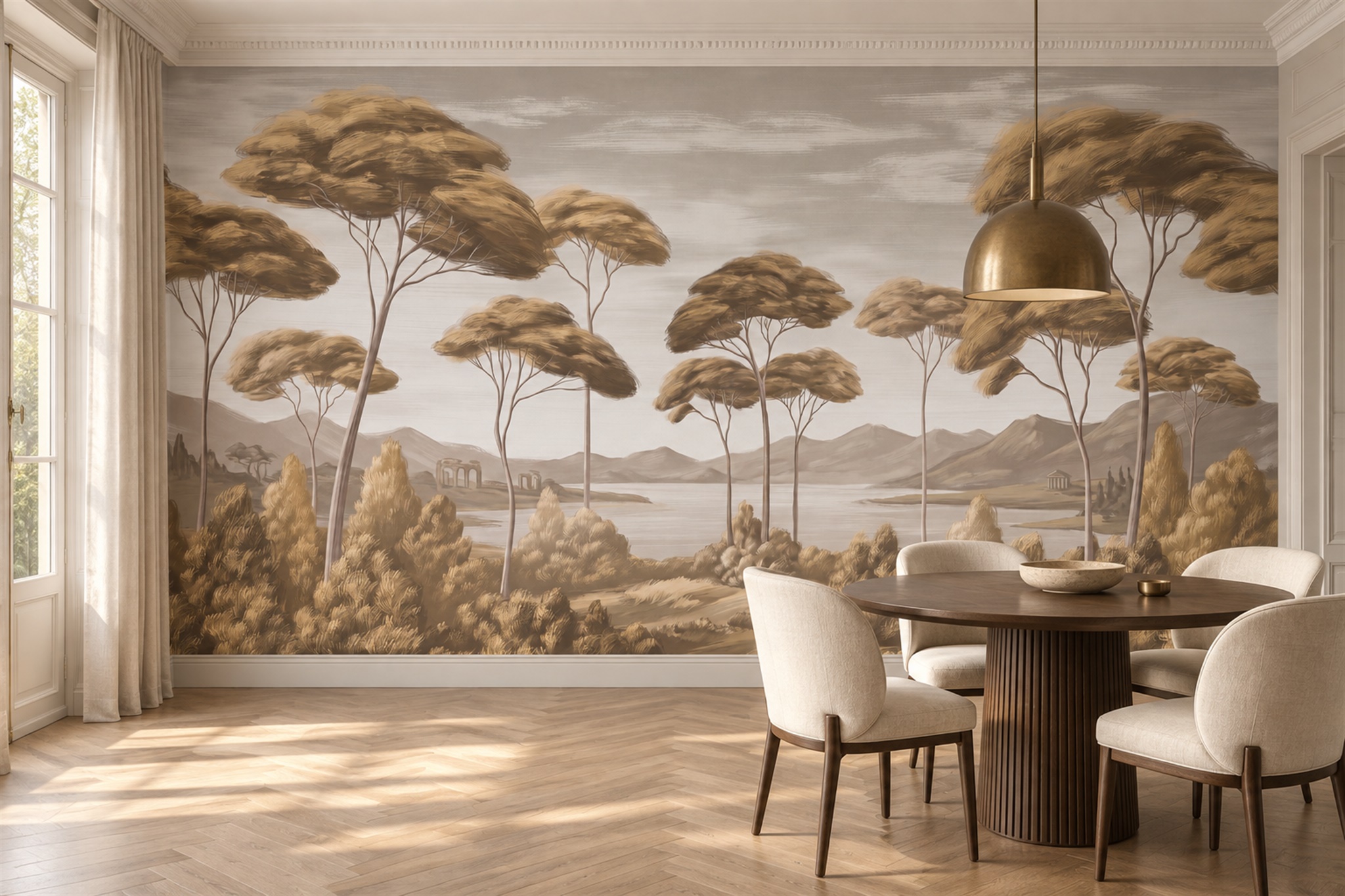 Gold Trees Scenic Wallpaper Mural Living-room-wallpaper-murals, Peel-and-stick Finish