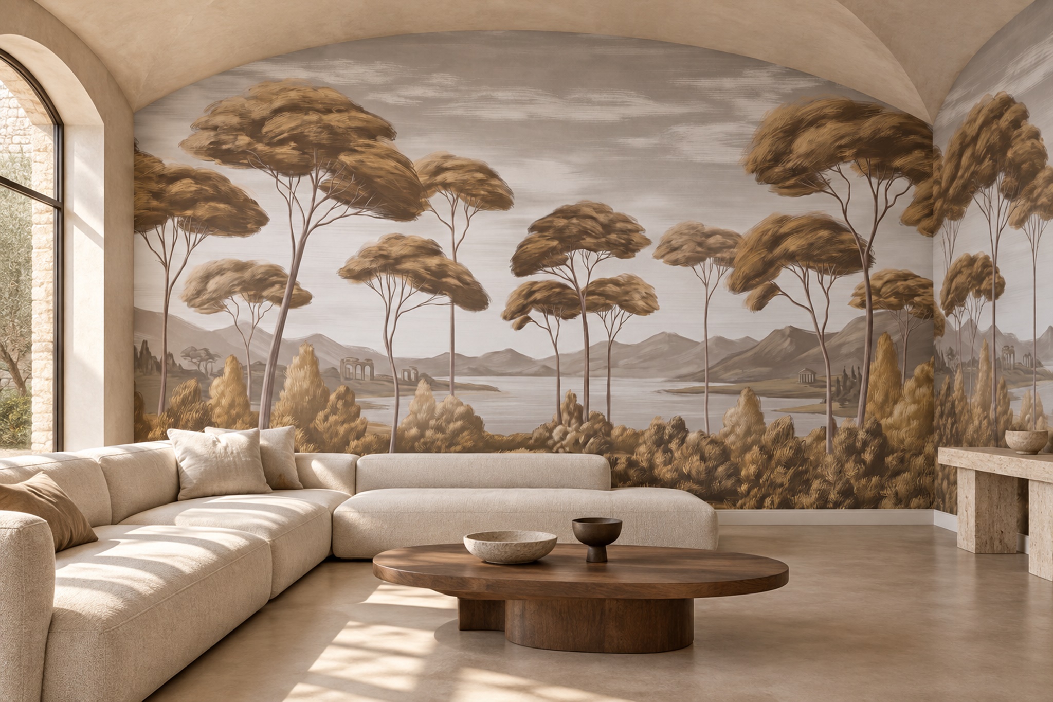 Golden Acacia Trees And Ancient Ruins By A Lake Wallpaper Mural — Wallpaper Mural Design, Peel-and-stick Finish