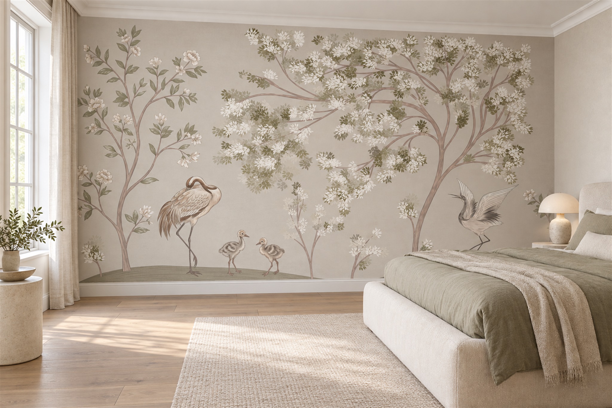 White Cranes And Chicks Beneath Flowering Trees Wallpaper Mural — Installed Wallpaper Mural In A Bedroom, Peel-and-stick Finish