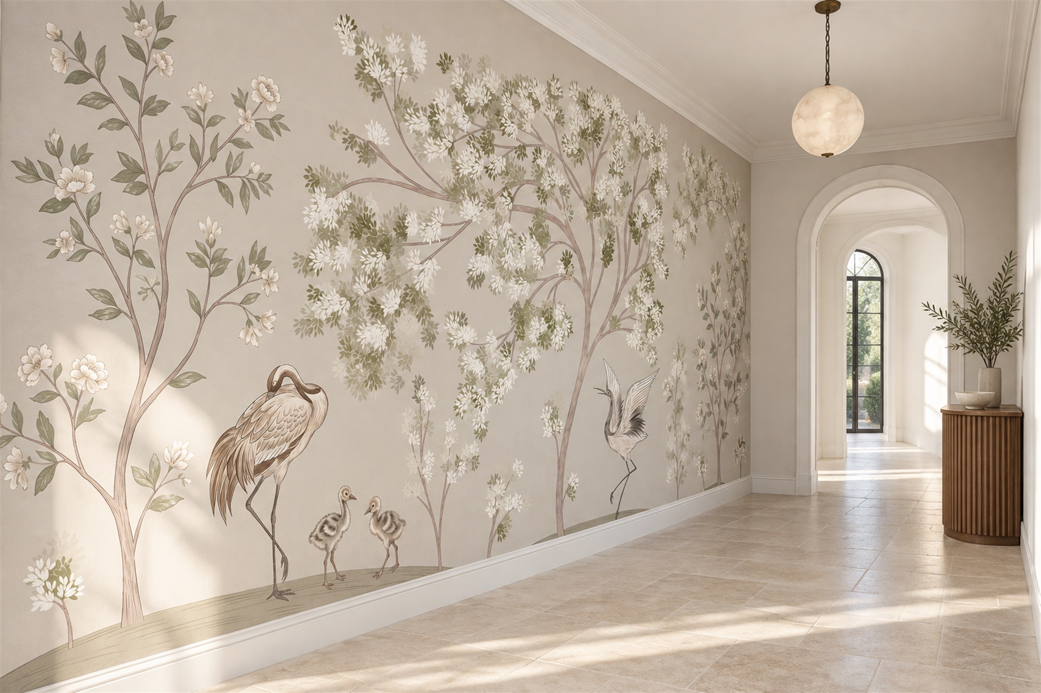 Ivory Crane Illustrated Wallpaper Mural Entryway-wallpaper-murals, Peel-and-stick Finish