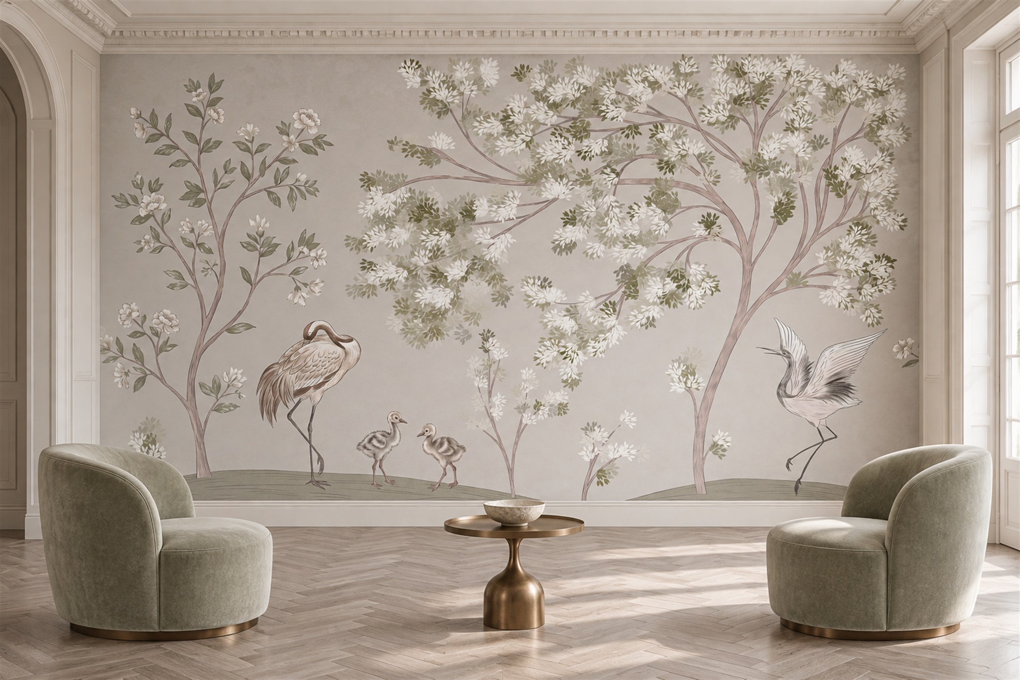 Ivory Crane Illustrated Wallpaper Mural Accent-wall-wallpaper-murals, Peel-and-stick Finish