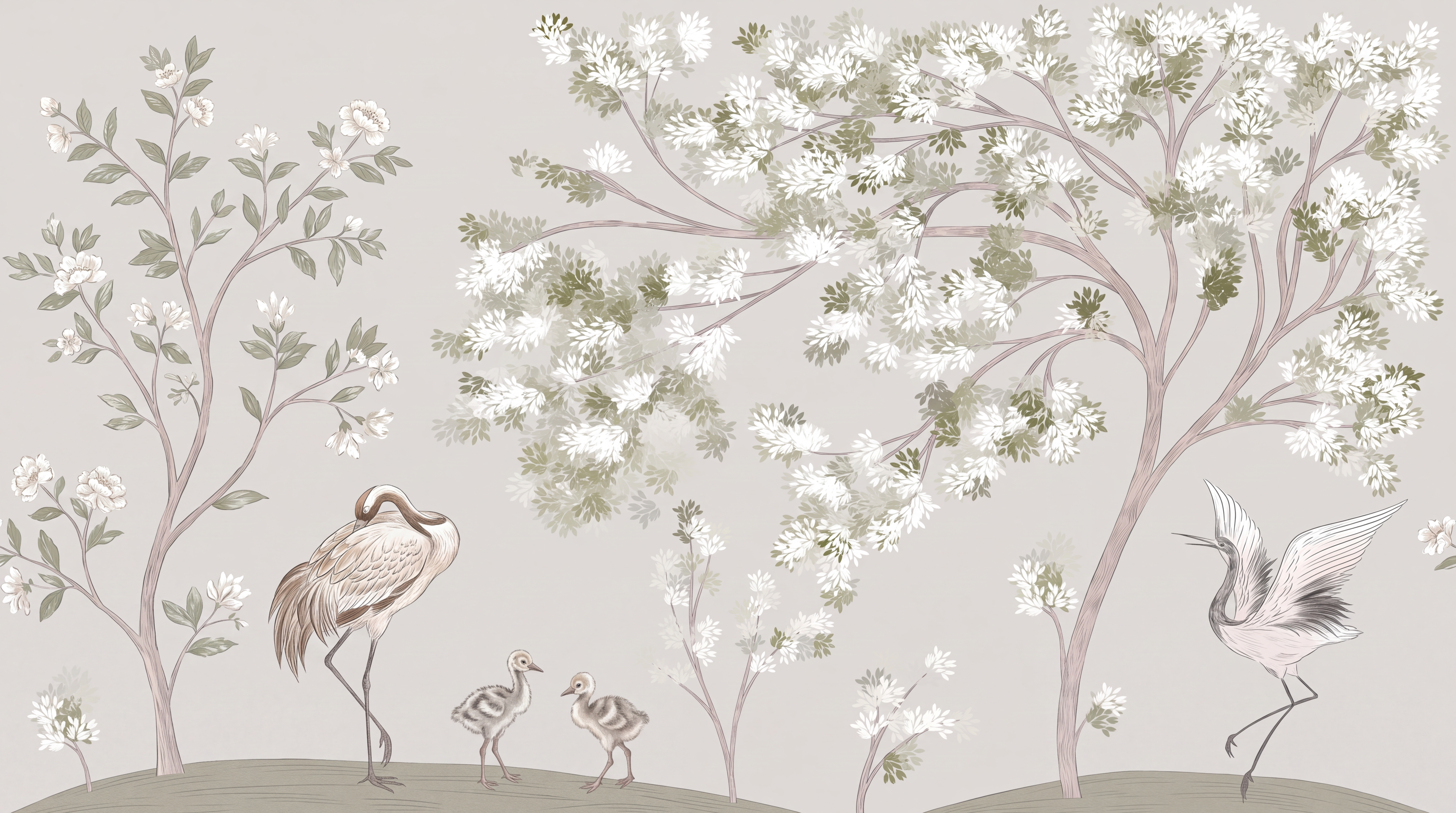 Ivory Crane Illustrated Wallpaper Mural, Peel-and-stick Finish