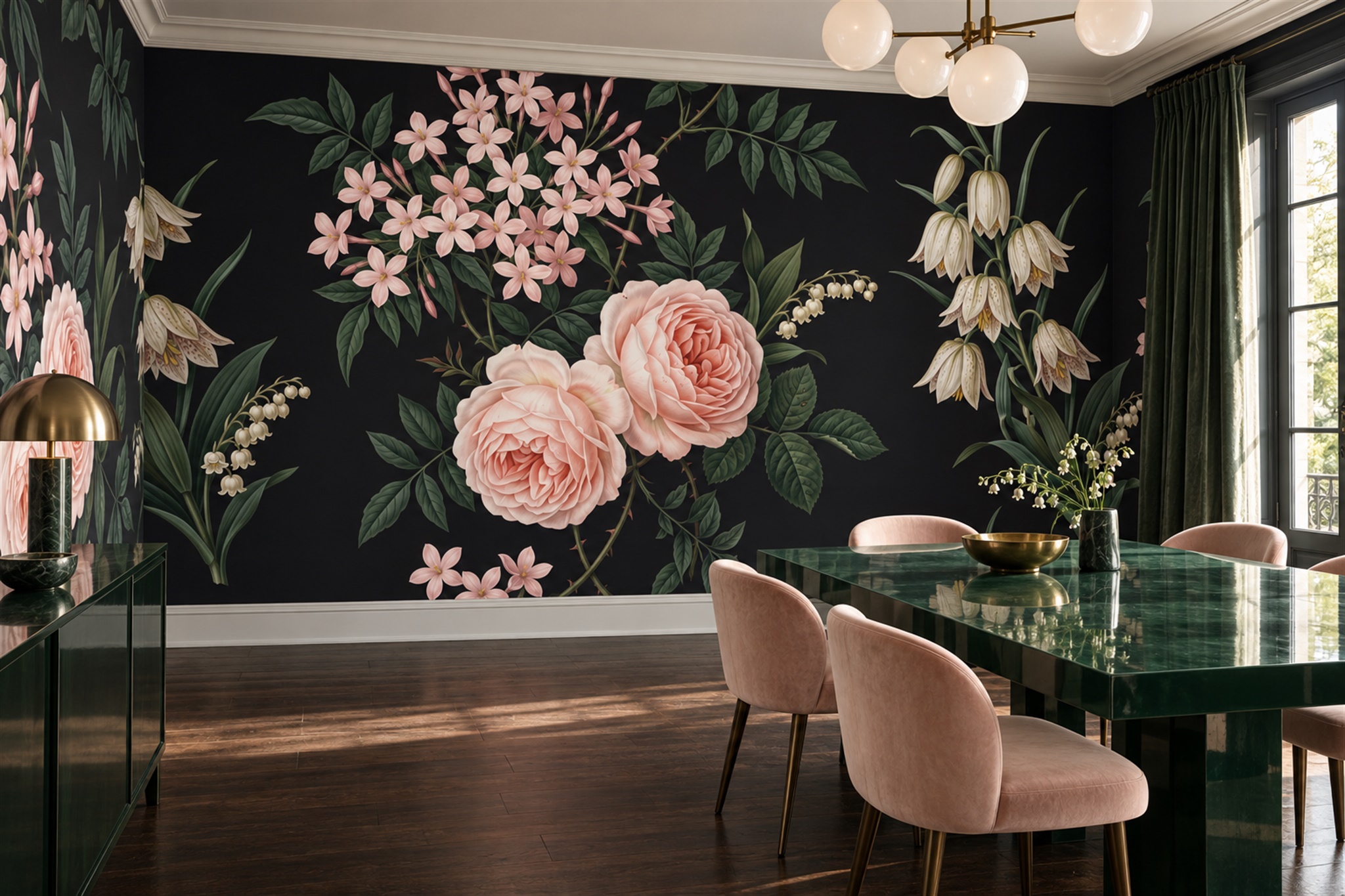 Pink Rose Botanical Vintage Wallpaper Mural Dining-room-wallpaper-murals, Shown In A Dining Room, Peel-and-stick Finish