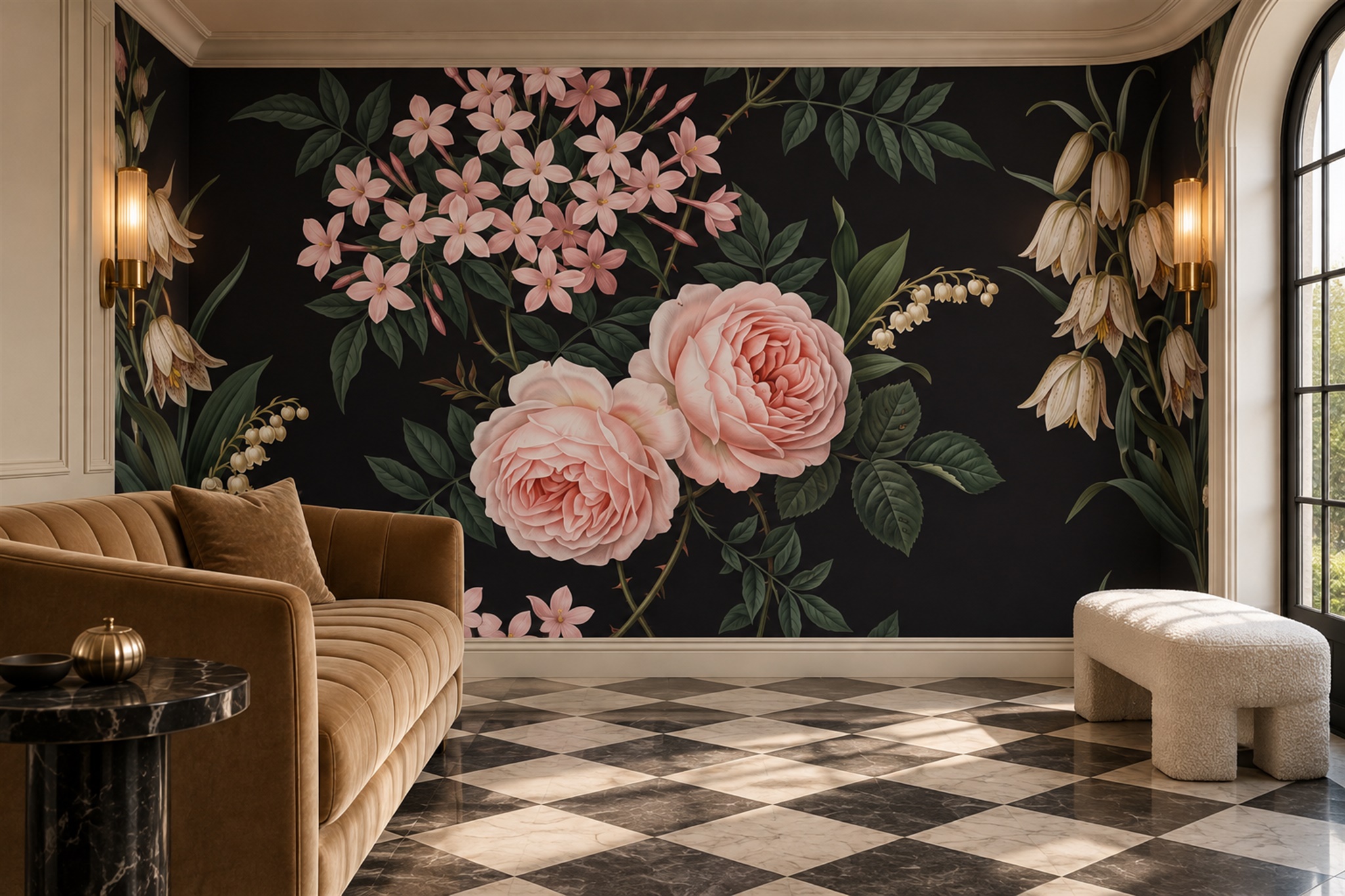 Pink Roses And White Blossoms On Black Wallpaper Mural — Wallpaper Mural Design, Peel-and-stick Finish