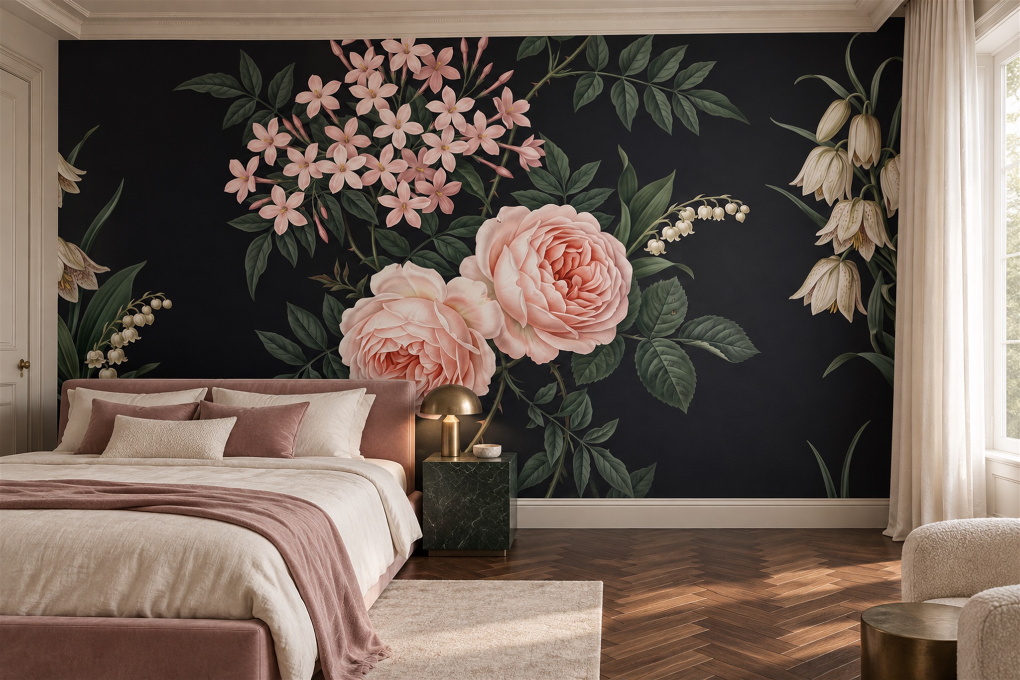 Pink Rose Botanical Vintage Wallpaper Mural Bedroom-wallpaper-murals, Peel-and-stick Finish