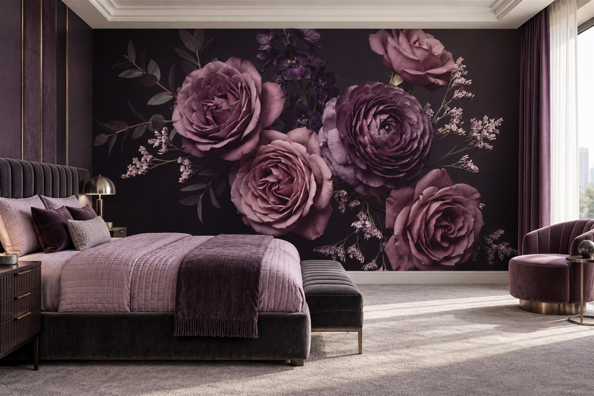 Mauve Roses And Pale Blossoms On A Dark Wallpaper Mural — Installed Wallpaper Mural In A Bedroom, Peel-and-stick Finish