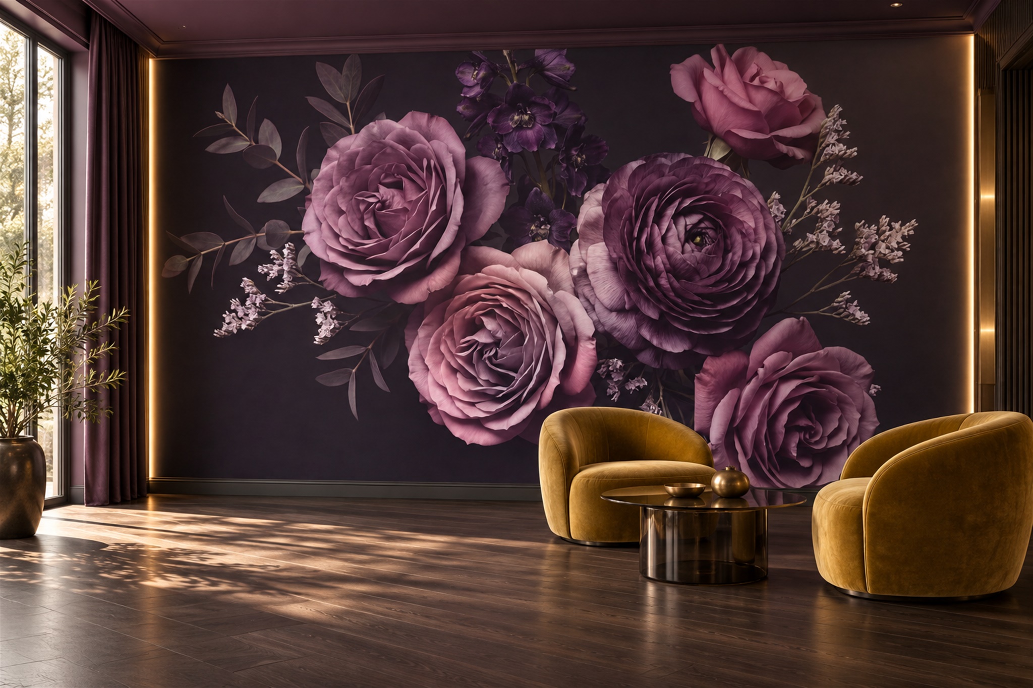 Neutral Rose Botanical Abstract Wallpaper Mural Living-room-wallpaper-murals, Shown In A Living Room, Peel-and-stick Finish
