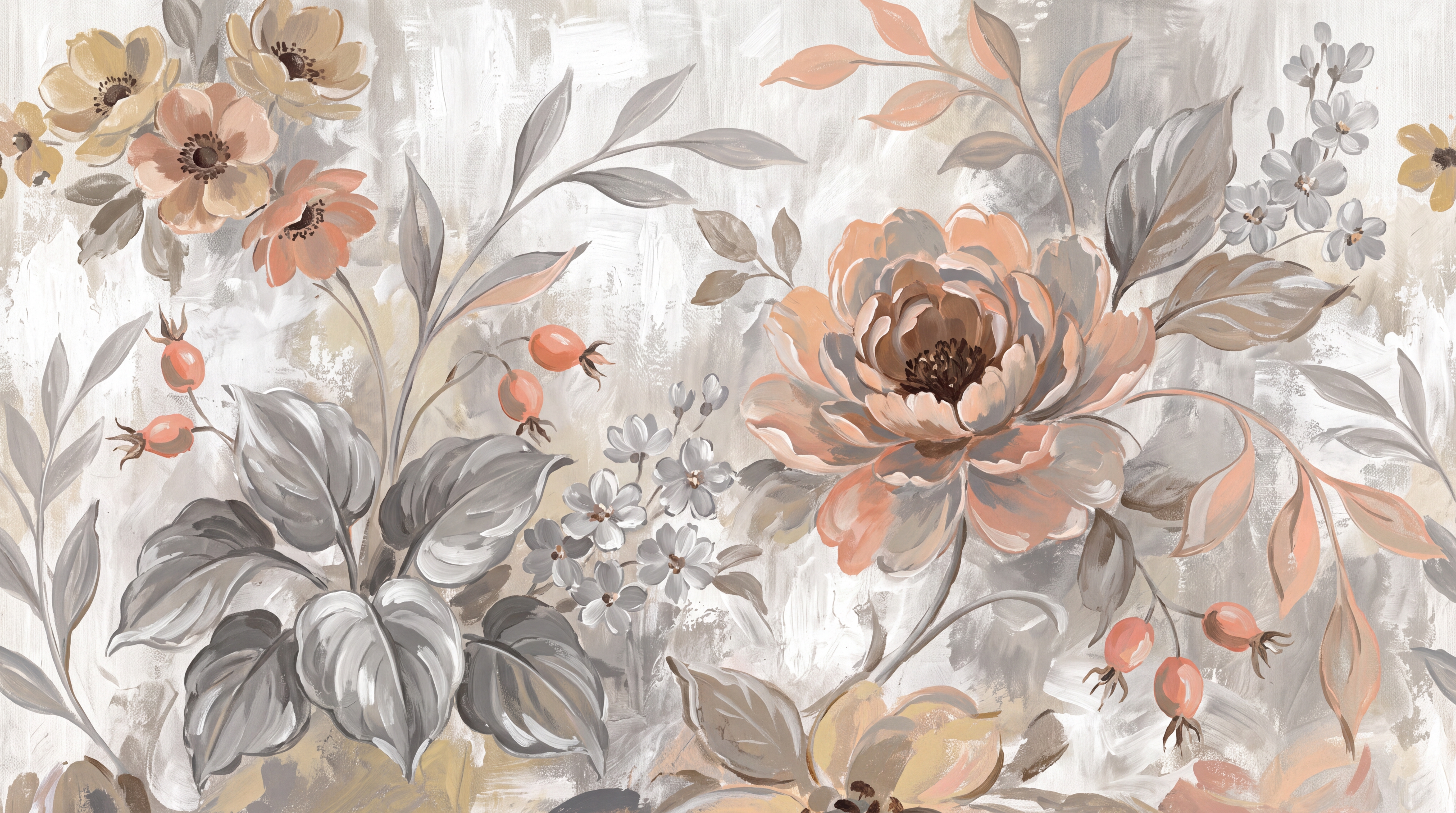 Peach Floral Botanical Layered Wallpaper Mural, Peel-and-stick Finish