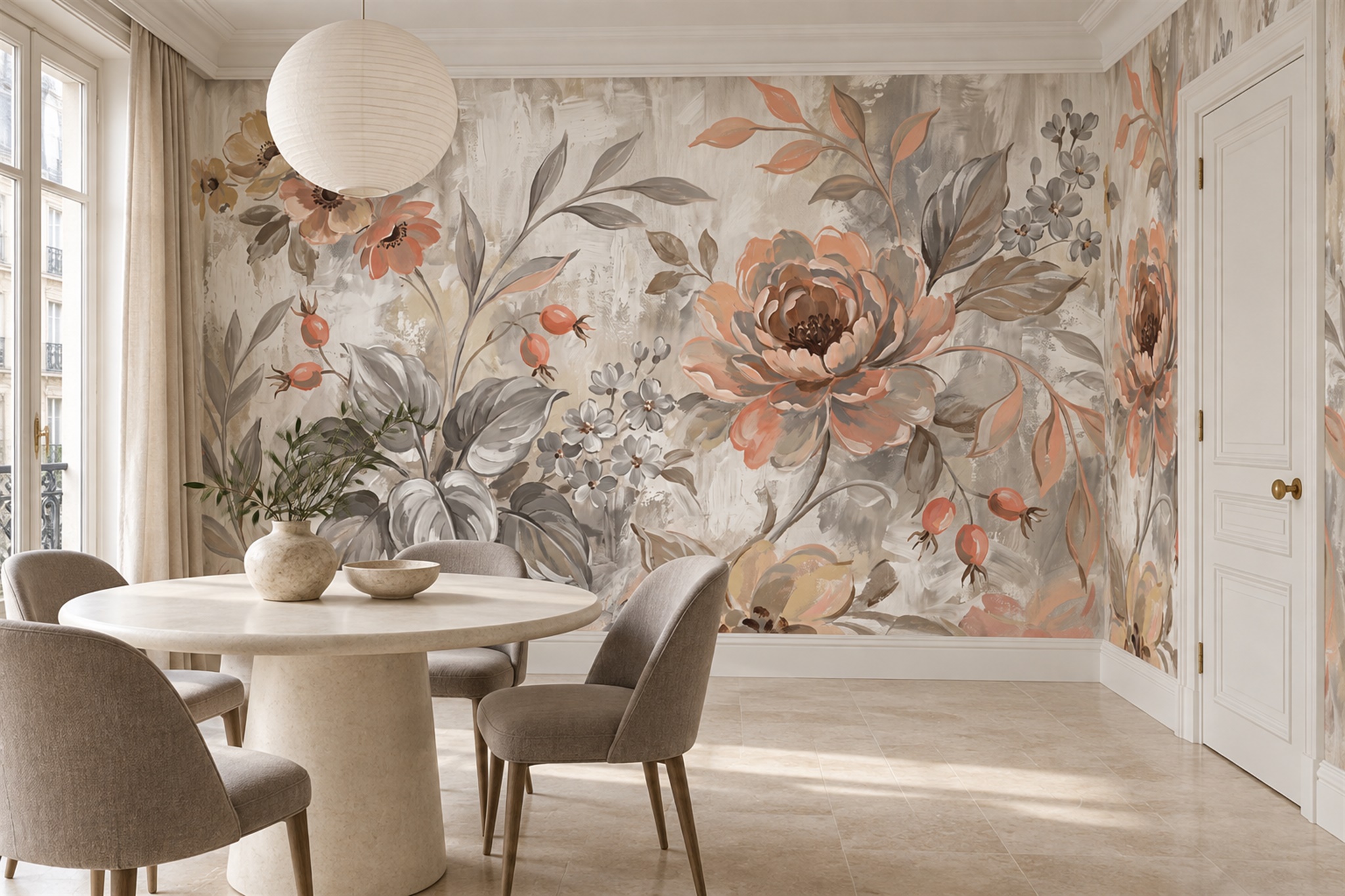 Peach Floral Botanical Layered Wallpaper Mural Dining-room-wallpaper-murals, Shown In A Dining Room, Peel-and-stick Finish