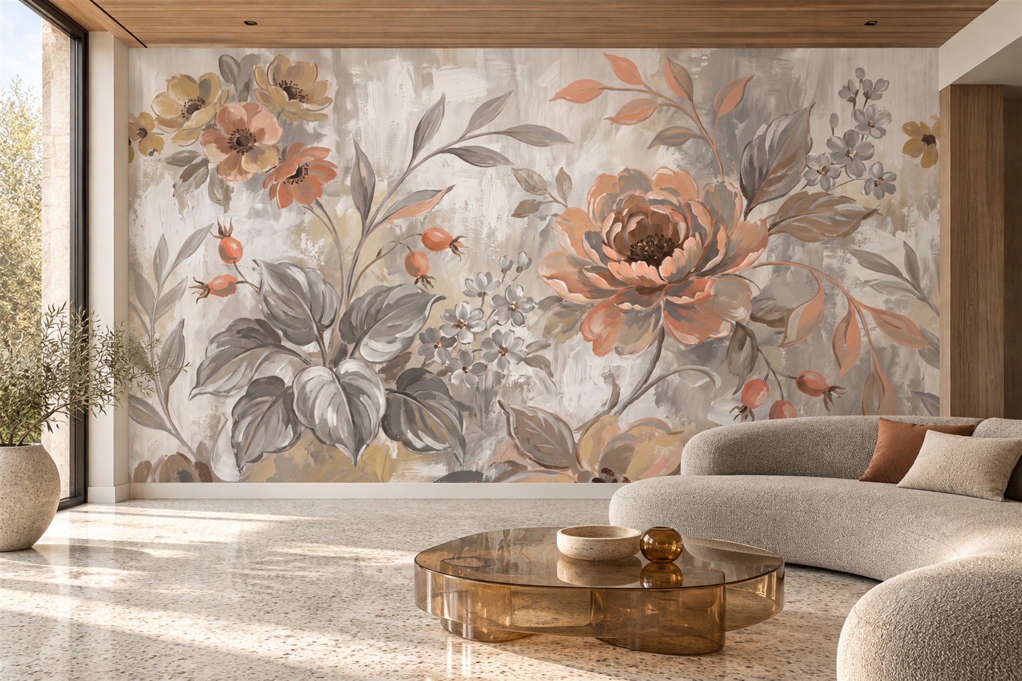 Peach Peony And Grey Foliage Botanical Wallpaper Mural — Wallpaper Mural Design, Peel-and-stick Finish