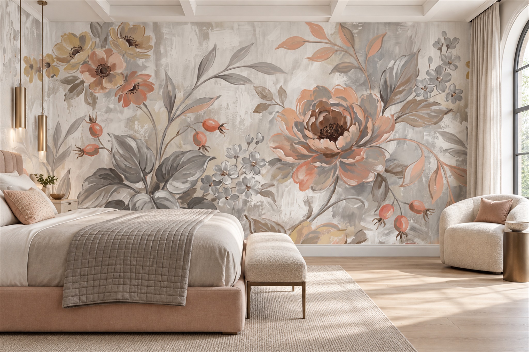 Peach Floral Botanical Layered Wallpaper Mural Bedroom-wallpaper-murals, Peel-and-stick Finish