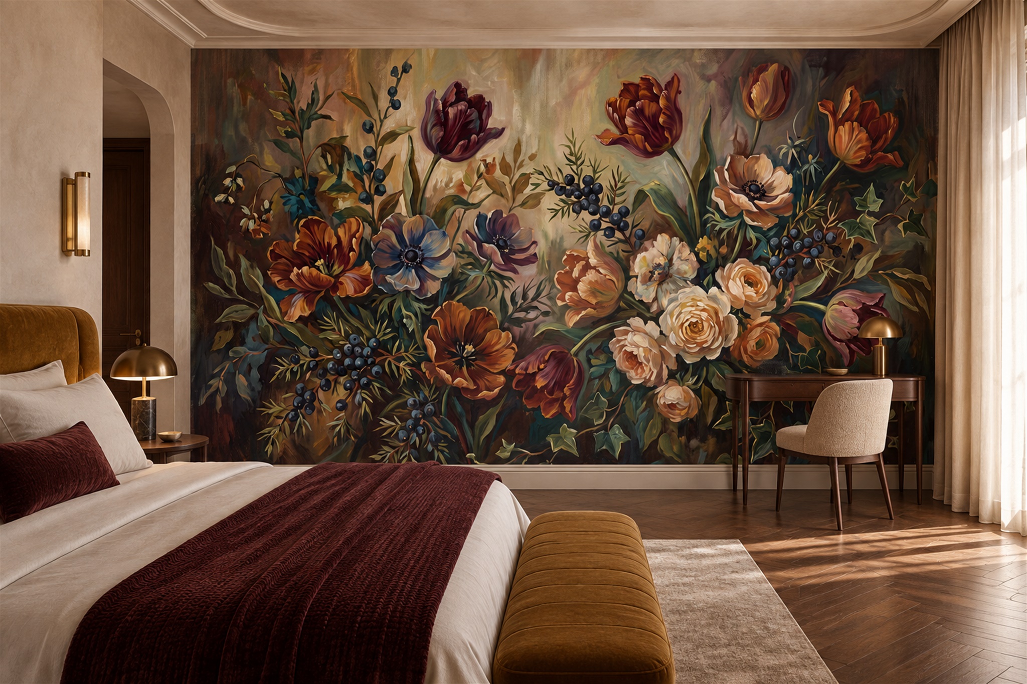 Gold Bouquet Botanical Wallpaper Mural Bedroom-wallpaper-murals, Peel-and-stick Finish