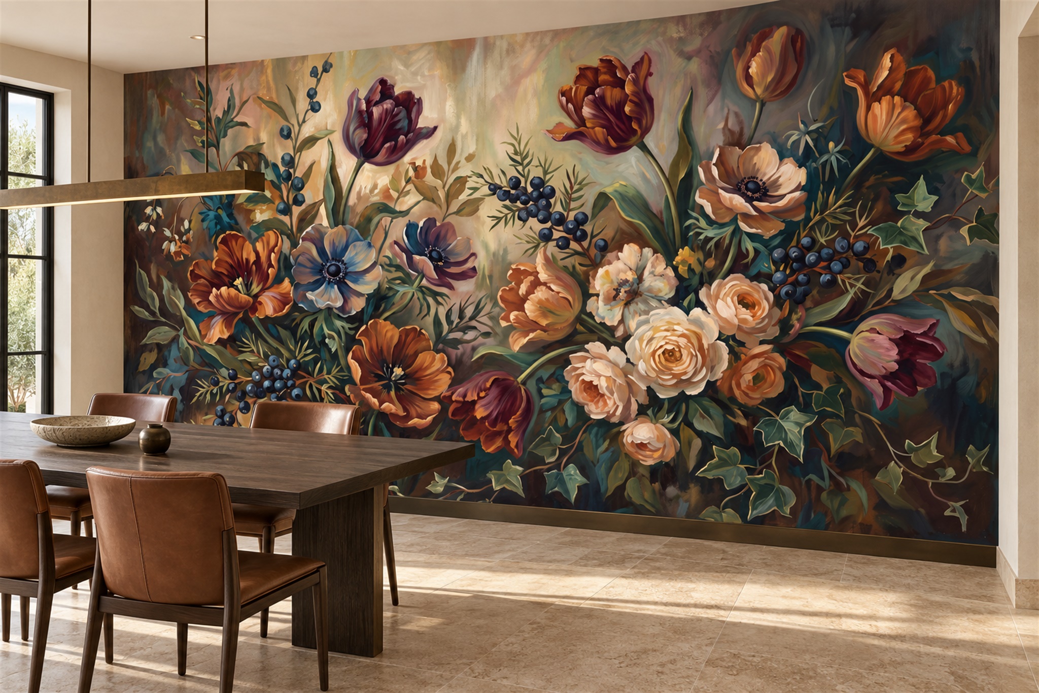 Gold Bouquet Botanical Wallpaper Mural Dining-room-wallpaper-murals, Shown In A Dining Room, Peel-and-stick Finish