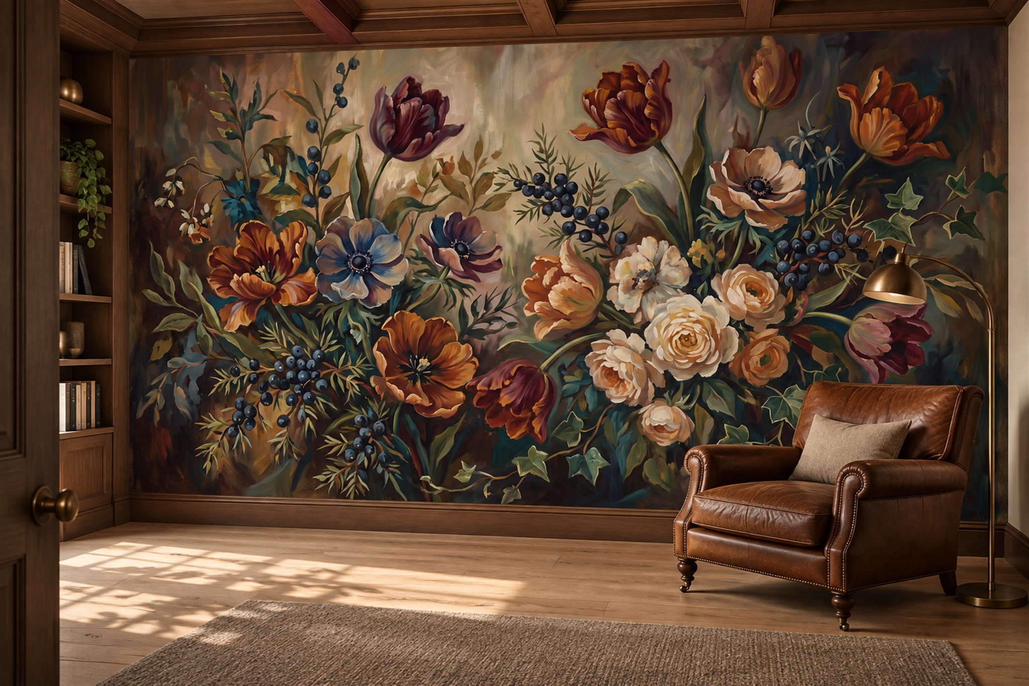 Gold Bouquet Botanical Wallpaper Mural Home-office-wallpaper-murals, Peel-and-stick Finish