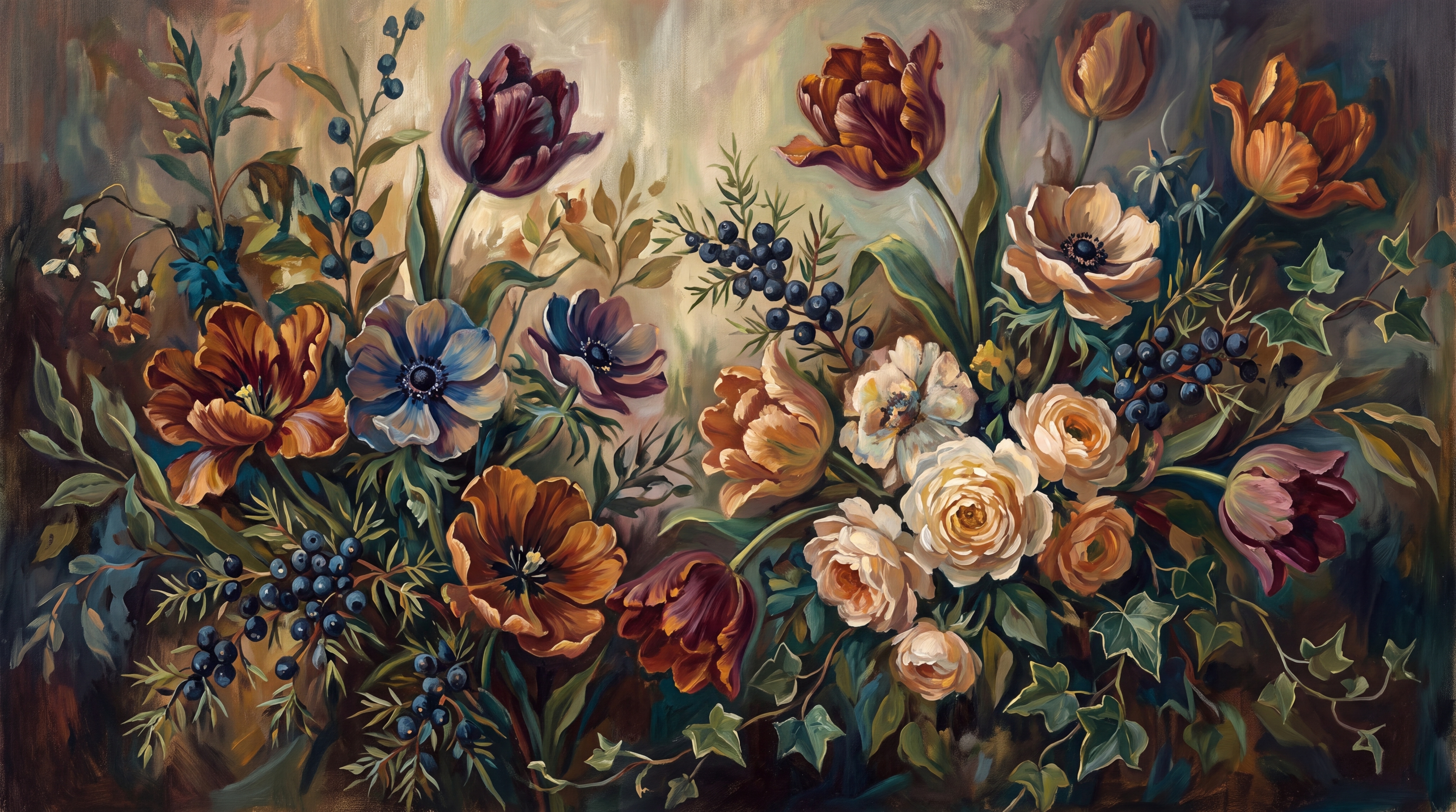 Gold Bouquet Botanical Wallpaper Mural Home-office-wallpaper-murals, Peel-and-stick Finish