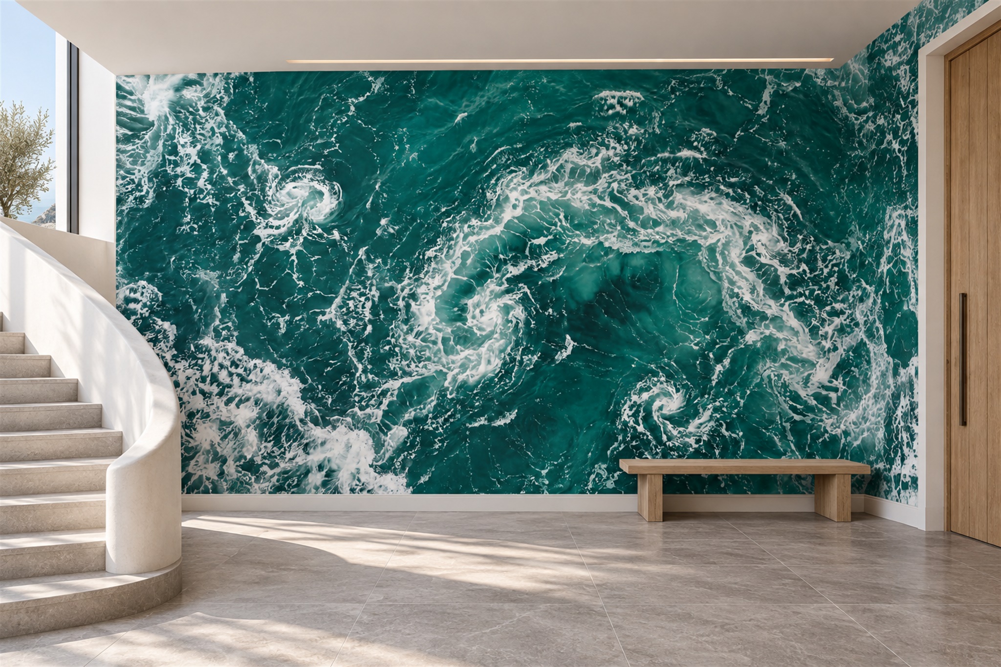 Teal Ocean Scenic Wallpaper Mural Entryway-wallpaper-murals, Peel-and-stick Finish