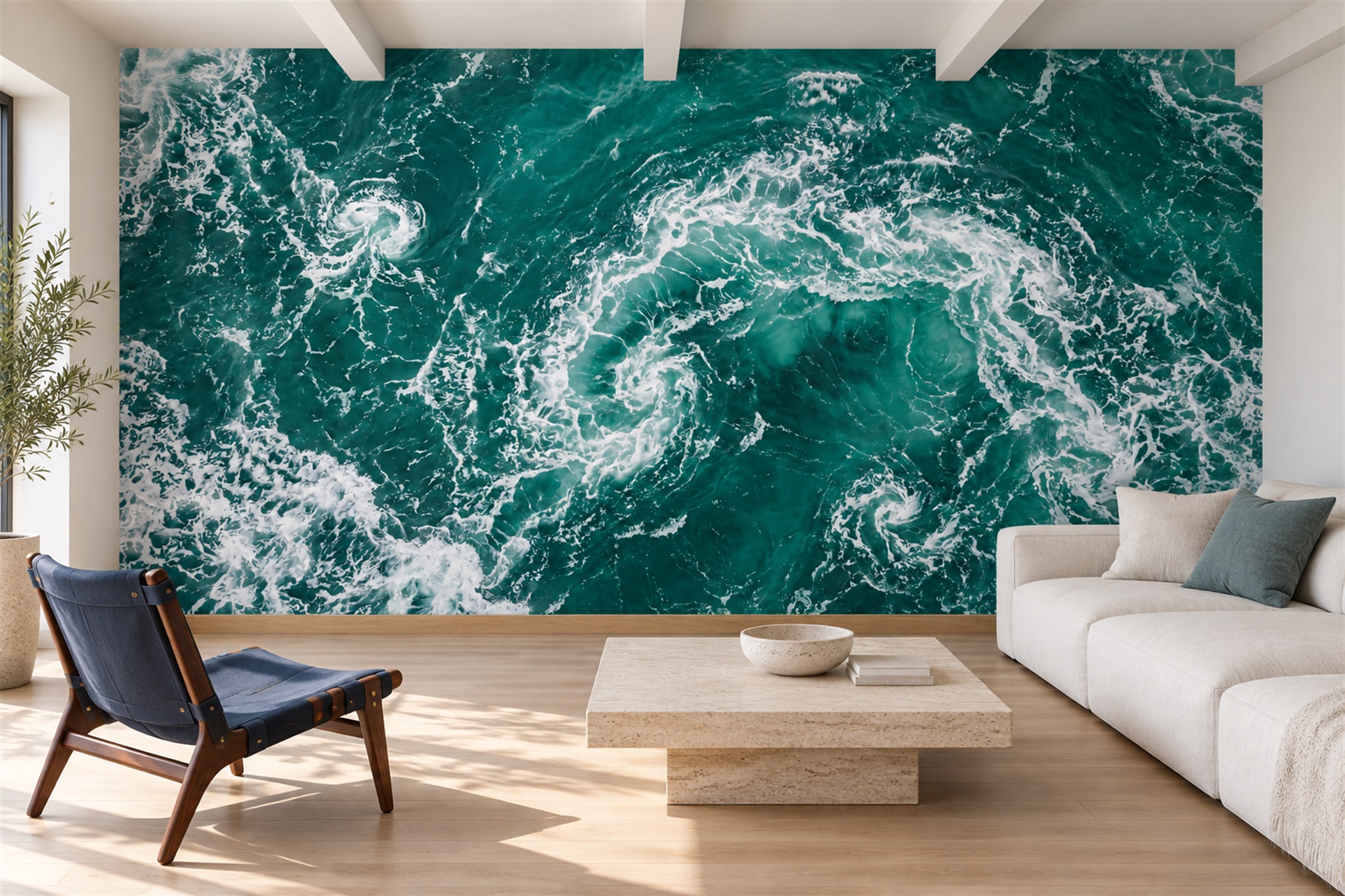 Teal Ocean Scenic Wallpaper Mural Living-room-wallpaper-murals, Peel-and-stick Finish