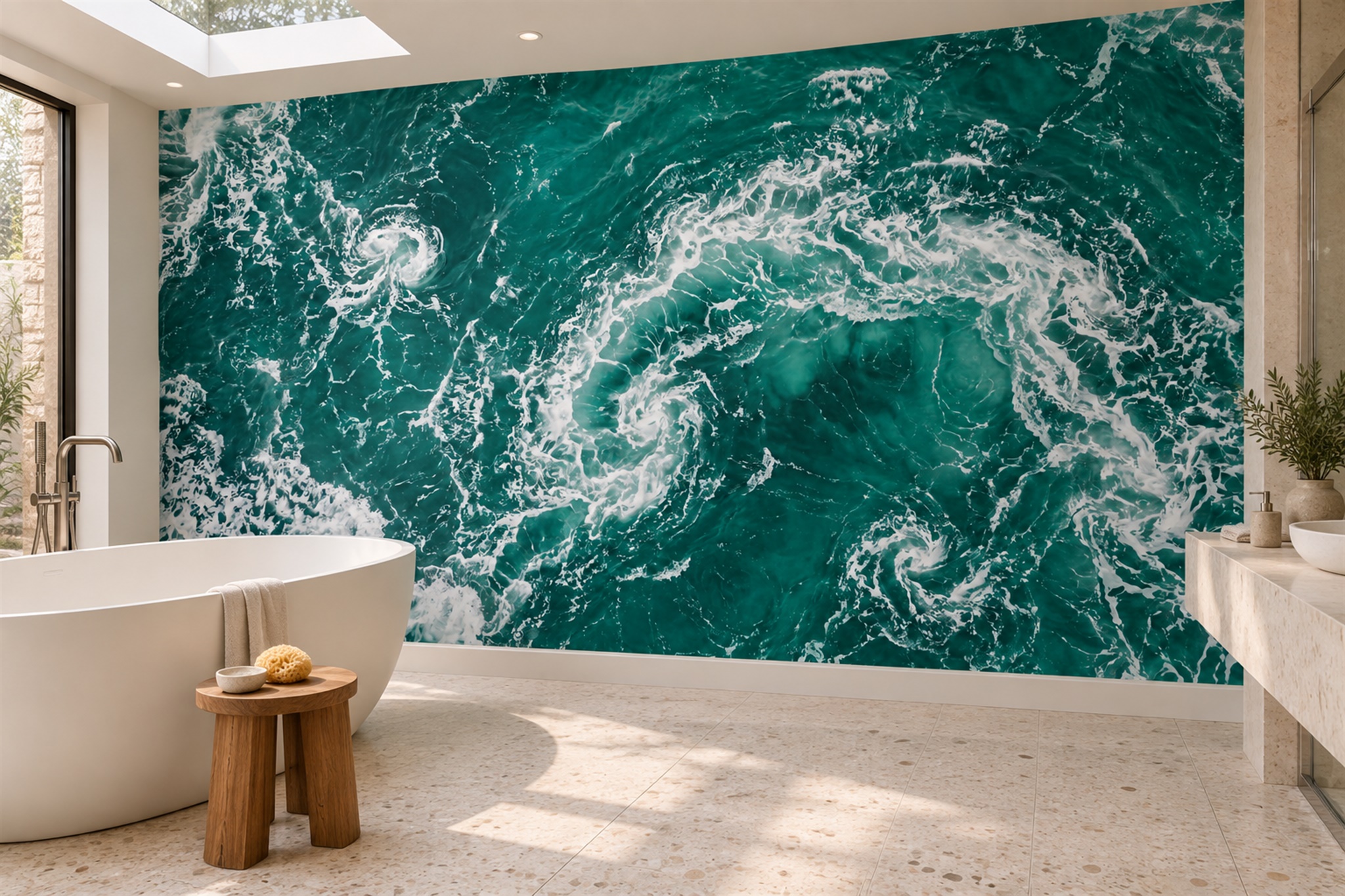 Teal Ocean Scenic Wallpaper Mural Entryway-wallpaper-murals, Peel-and-stick Finish