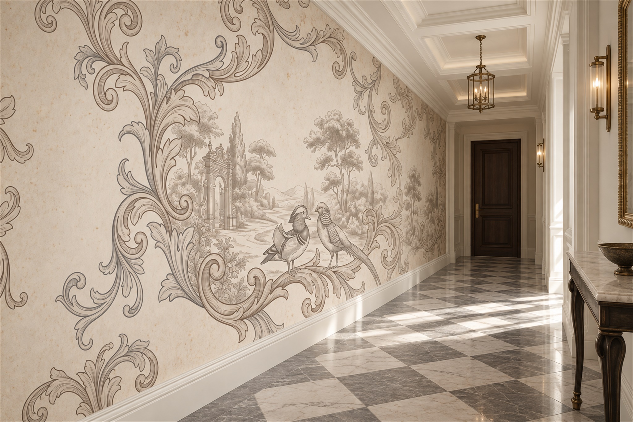 Beige Toile Artful Wallpaper Mural Hallway-wallpaper-murals, Peel-and-stick Finish