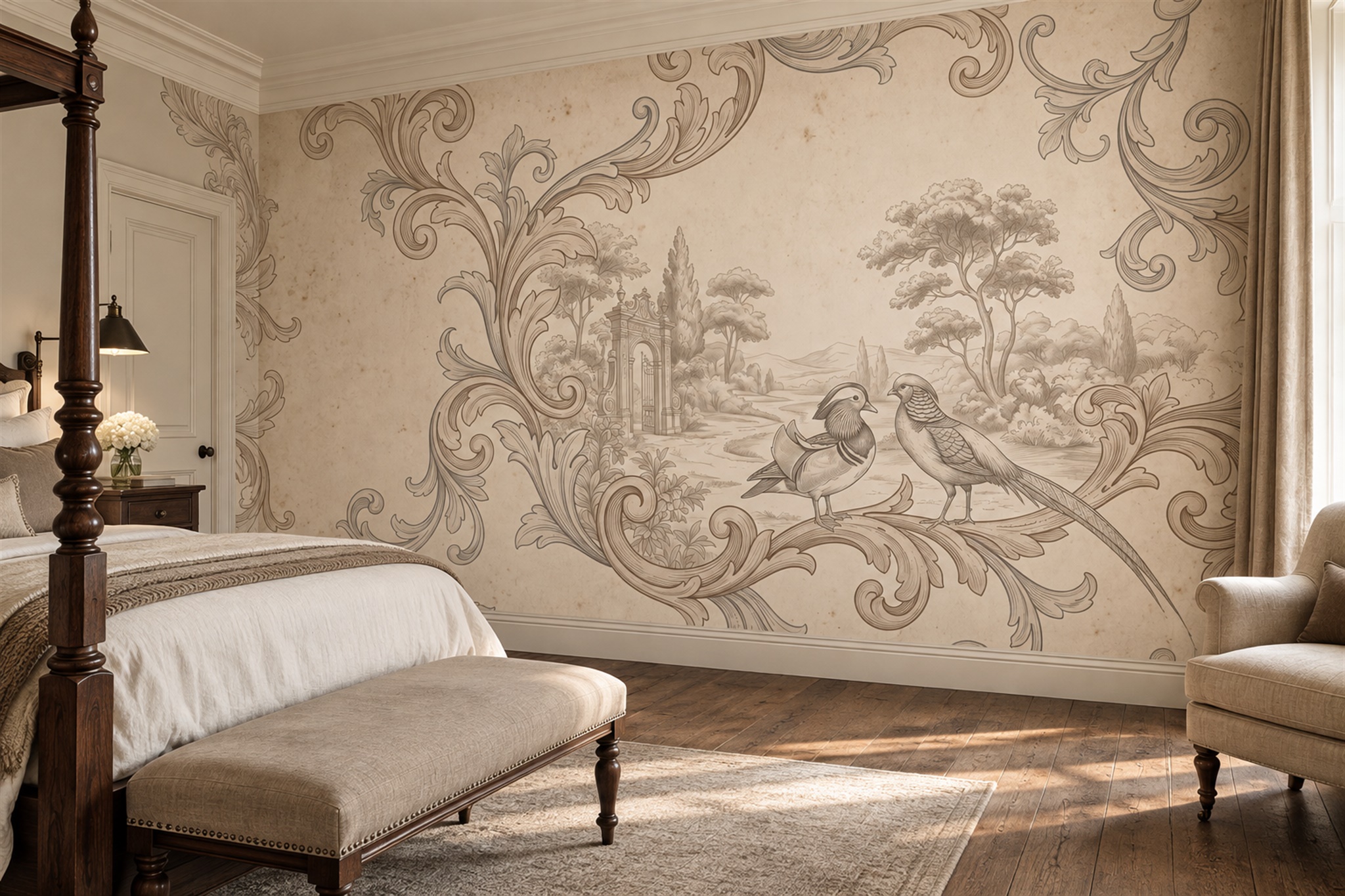 Beige Toile Artful Wallpaper Mural Bedroom-wallpaper-murals, Peel-and-stick Finish