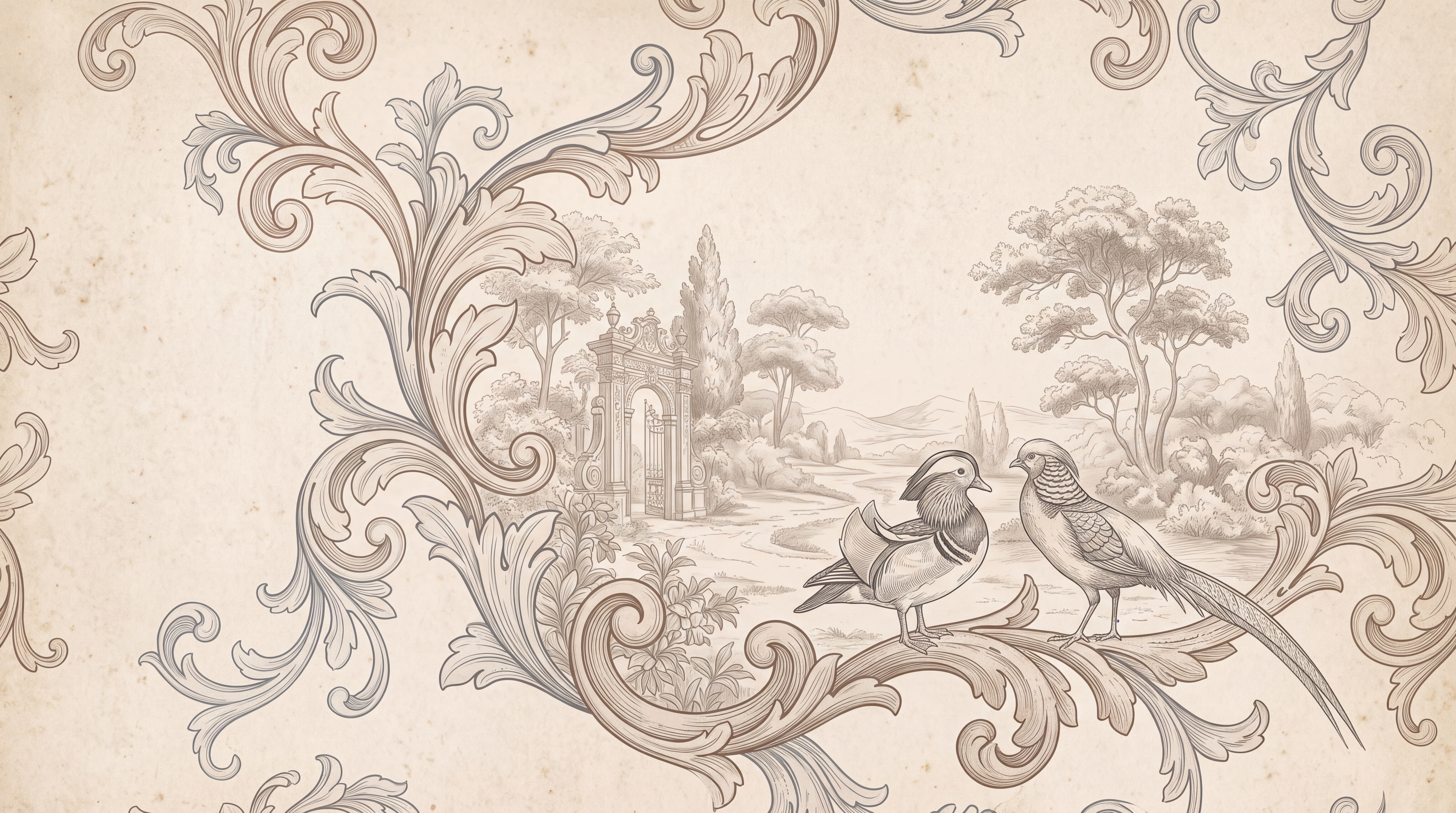 Beige Toile Artful Wallpaper Mural, Peel-and-stick Finish