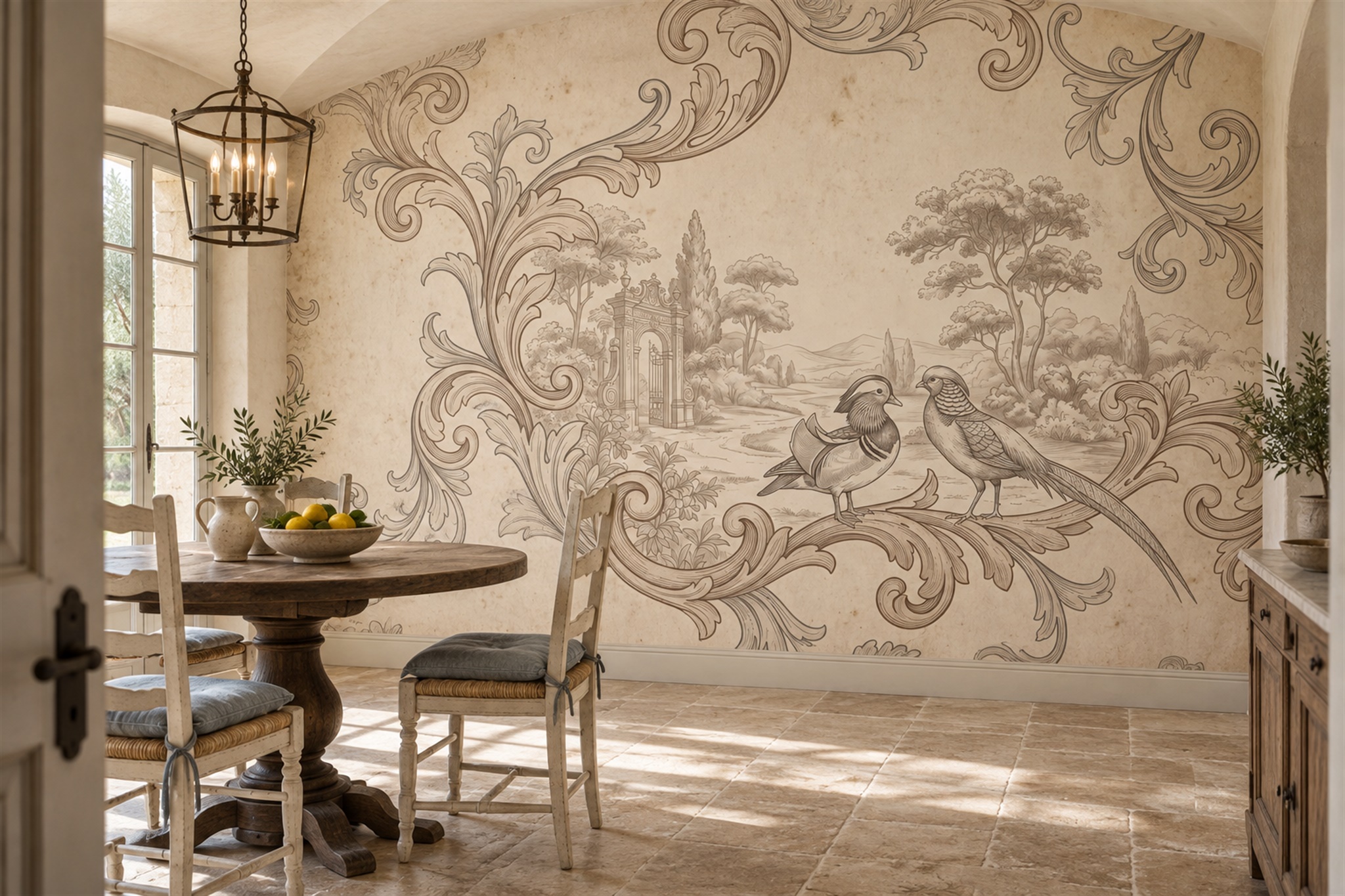 Beige Toile Artful Wallpaper Mural Bedroom-wallpaper-murals, Peel-and-stick Finish