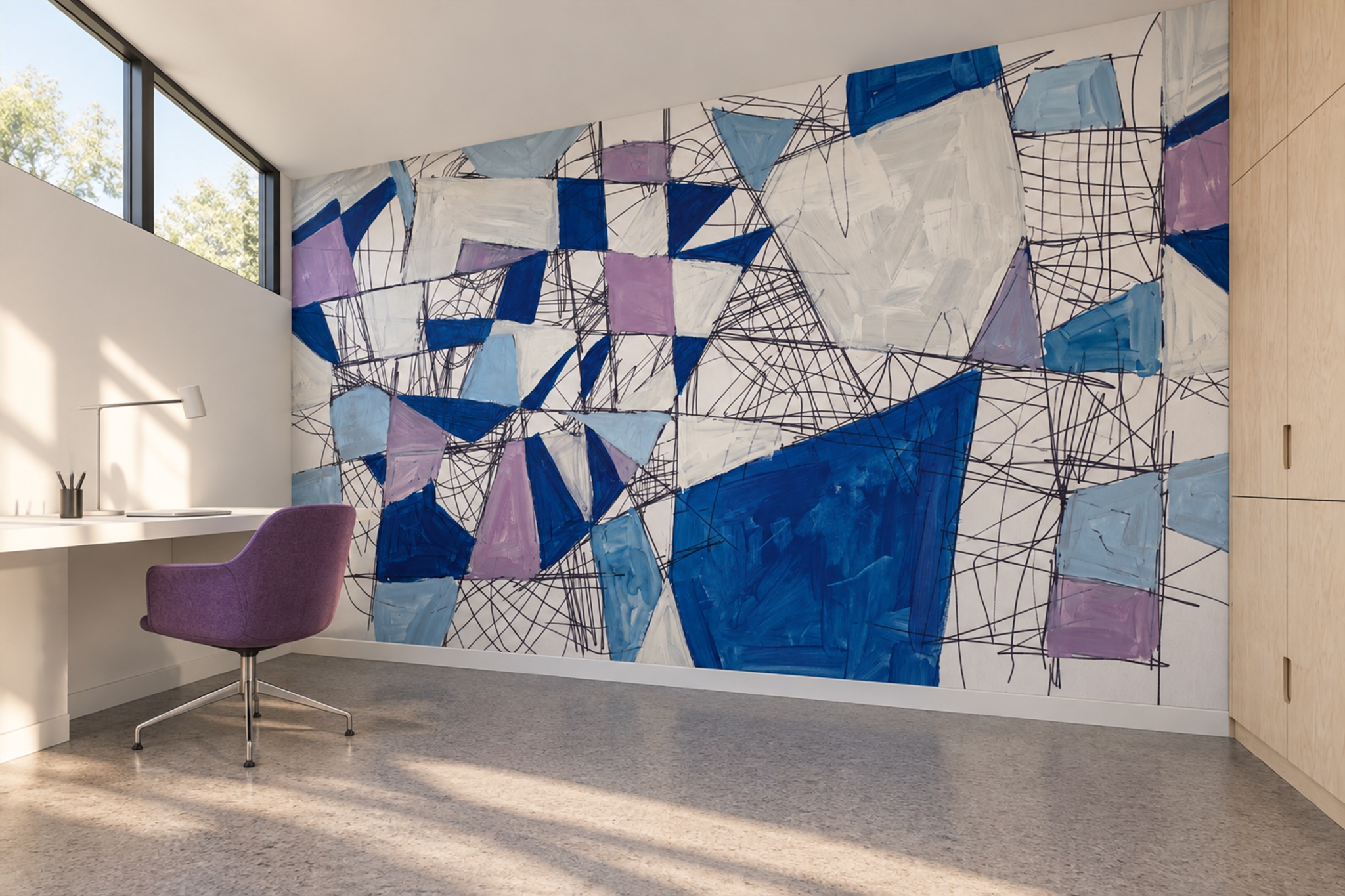 Blue Geometric Abstract Wallpaper Mural Home-office-wallpaper-murals, Shown In A Home Office, Peel-and-stick Finish