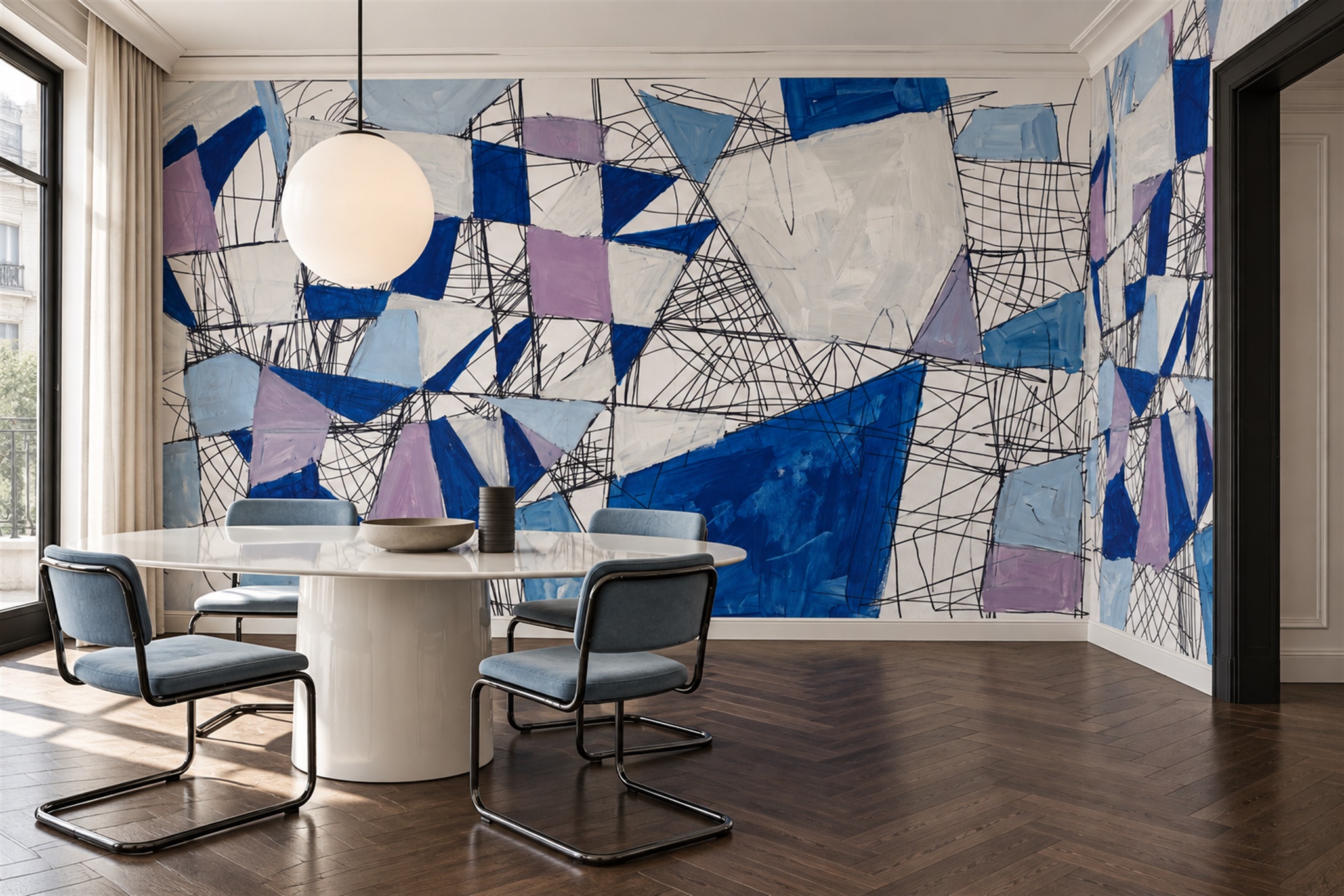 Blue Geometric Abstract Wallpaper Mural Dining-room-wallpaper-murals, Shown In A Dining Room, Peel-and-stick Finish