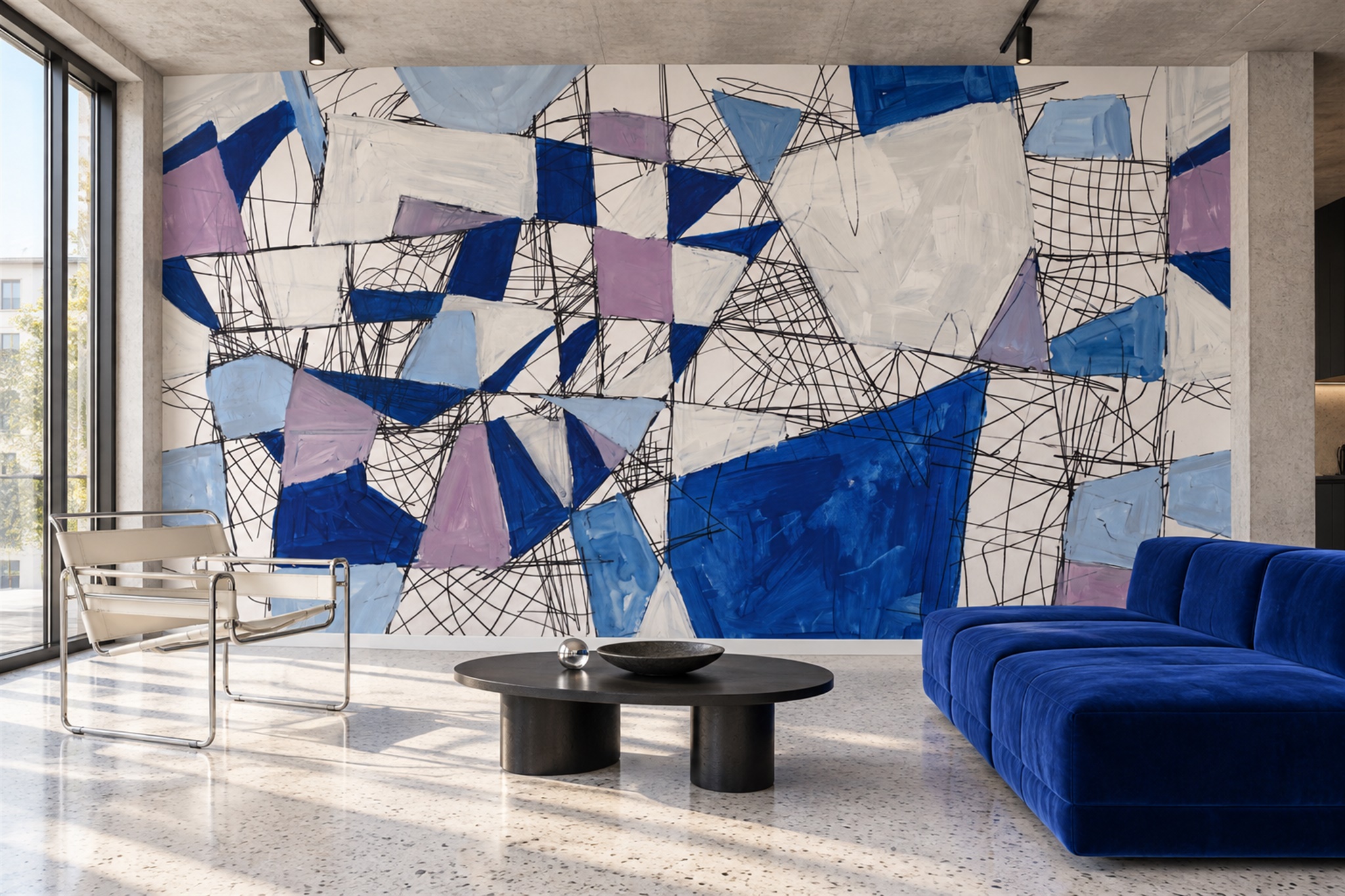 Blue Geometric Abstract Wallpaper Mural Living-room-wallpaper-murals, Peel-and-stick Finish