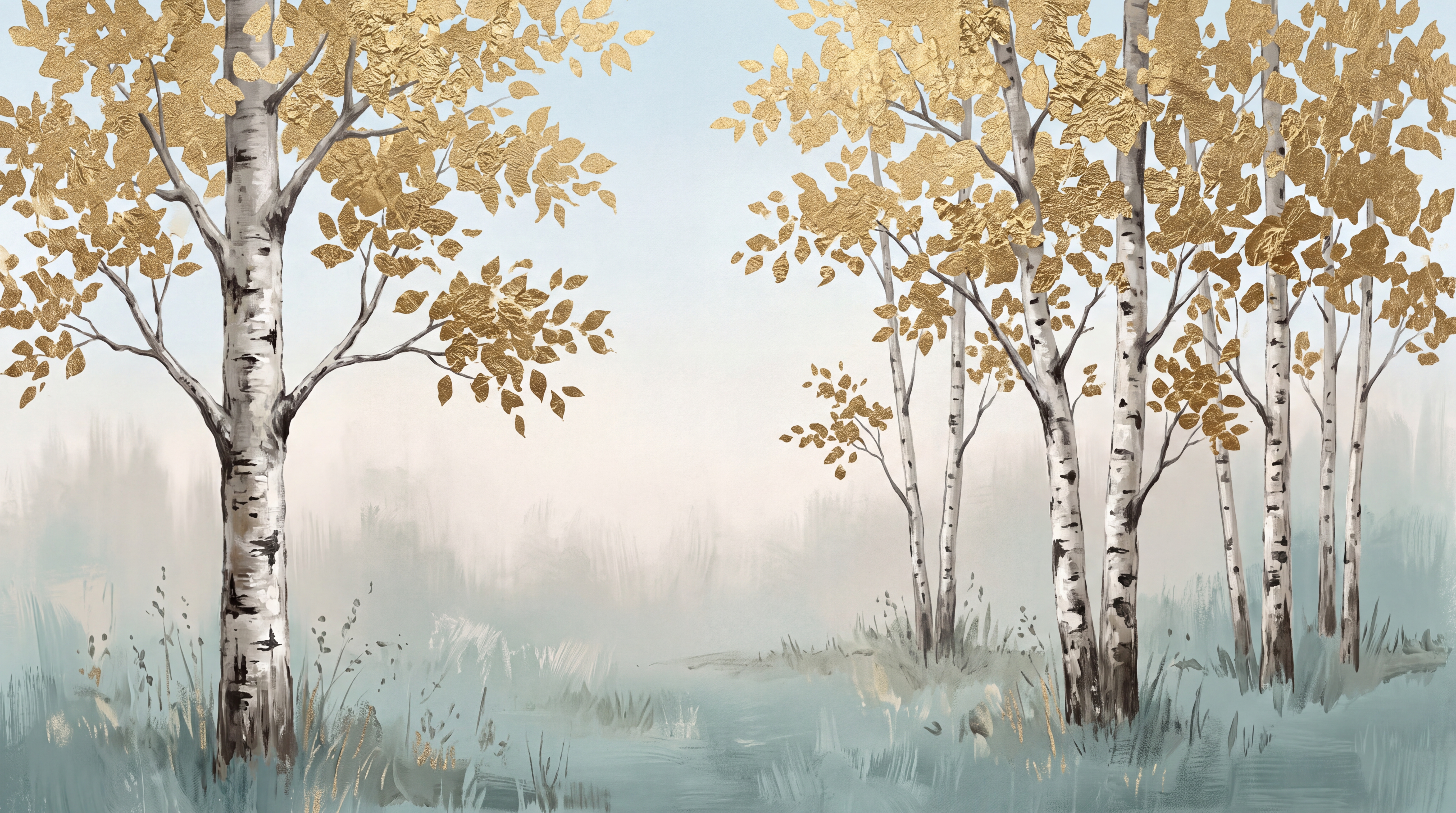 Gold Birch Scenic Wallpaper Mural, Peel-and-stick Finish