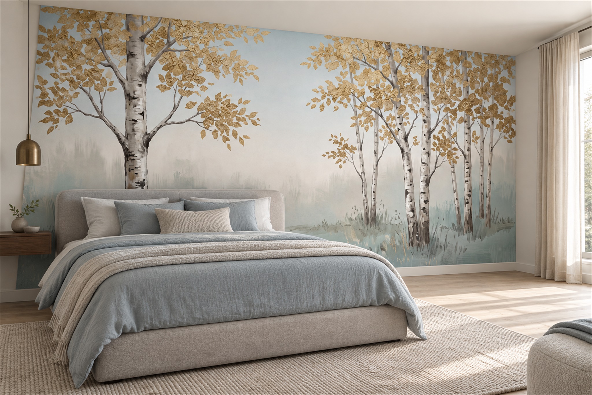 Gold Birch Scenic Wallpaper Mural Bedroom-wallpaper-murals, Peel-and-stick Finish