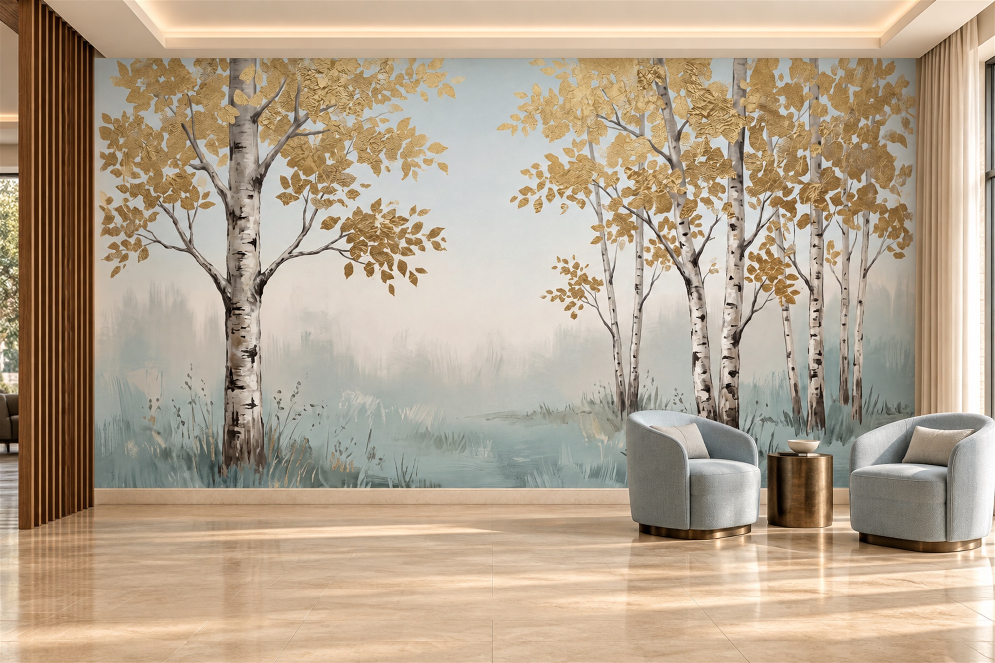Gold Birch Scenic Wallpaper Mural Living-room-wallpaper-murals, Shown In A Living Room, Peel-and-stick Finish