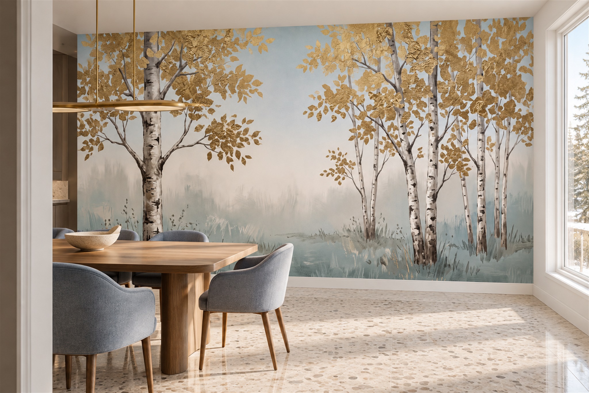 Gold Birch Scenic Wallpaper Mural Bedroom-wallpaper-murals, Peel-and-stick Finish