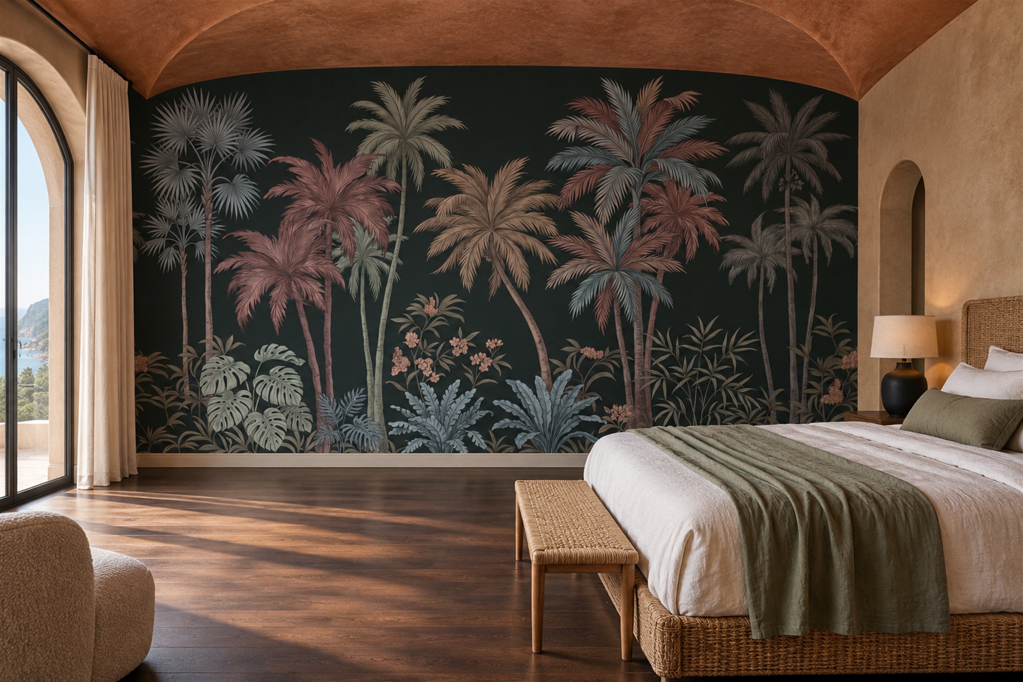 Pink Palm Artful Wallpaper Mural Bedroom-wallpaper-murals, Peel-and-stick Finish