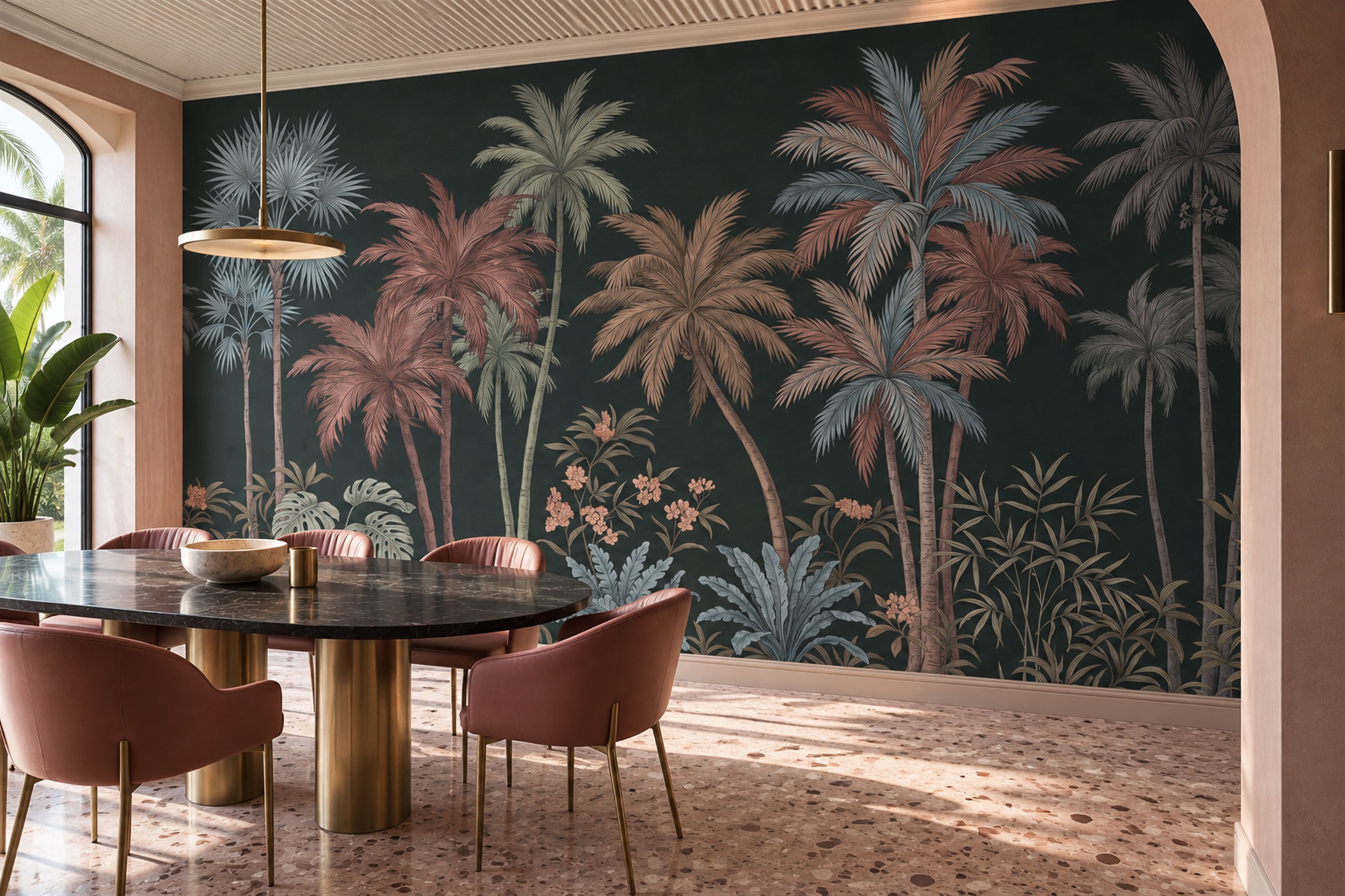 Pink Palm Artful Wallpaper Mural Dining-room-wallpaper-murals, Shown In A Dining Room, Peel-and-stick Finish