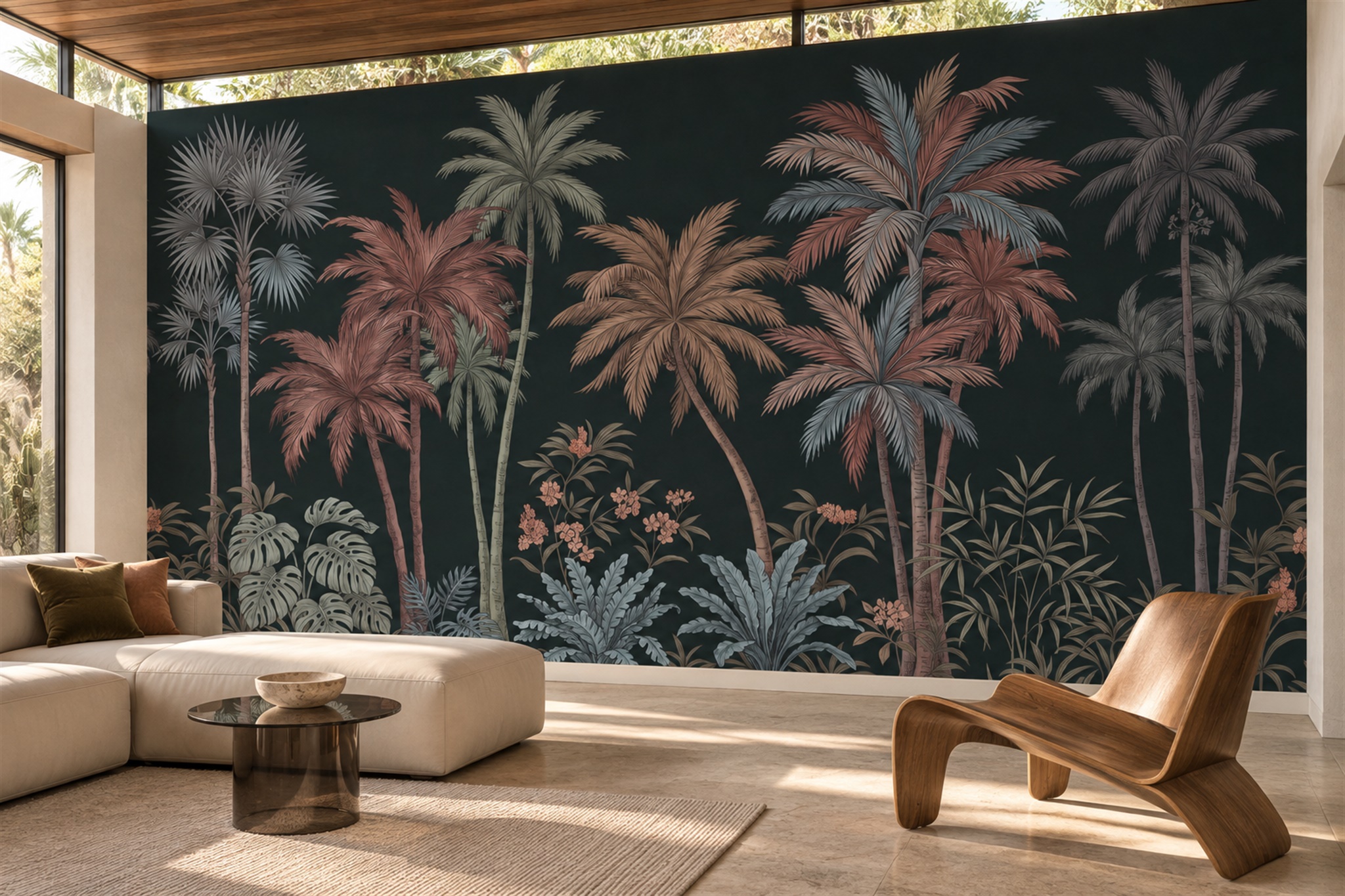 Dusty Rose And Blue-grey Palms On A Charcoal Ground Wallpaper Mural — Wallpaper Mural Design, Peel-and-stick Finish