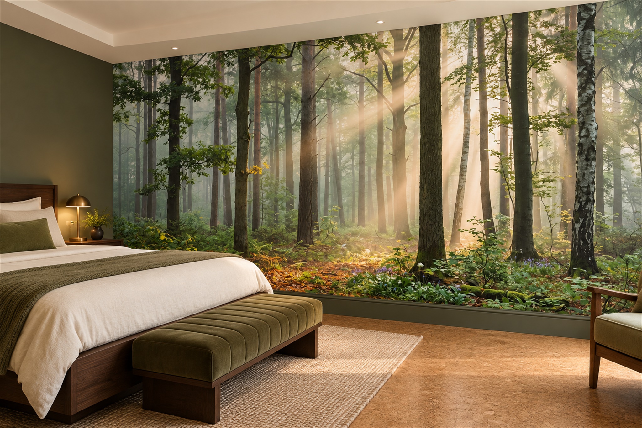 Sunlit Green Woodland Path Wallpaper Mural — Installed Wallpaper Mural In A Bedroom, Peel-and-stick Finish