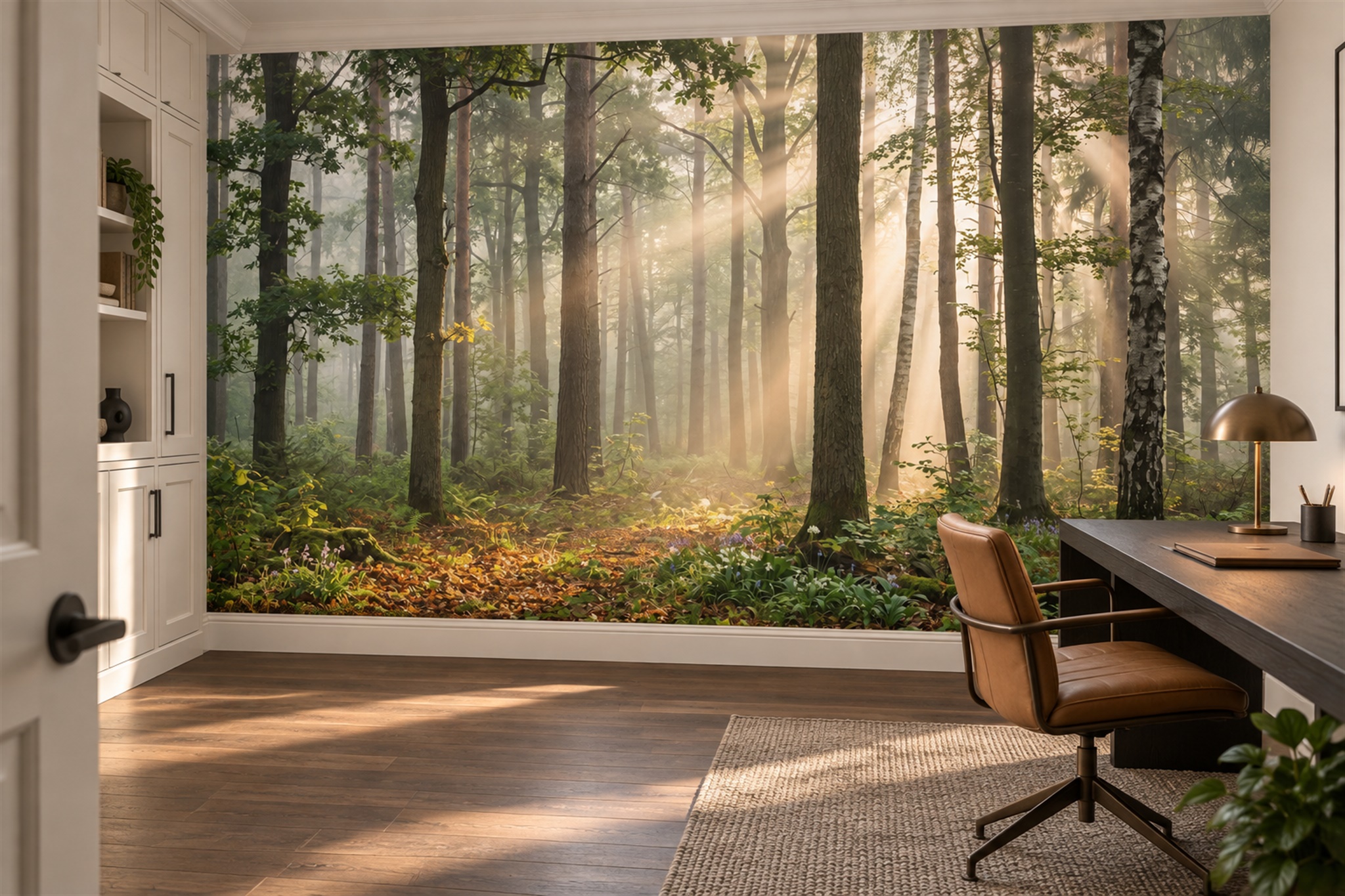 Green Scenic Scenic Watercolour Wallpaper Mural Home-office-wallpaper-murals, Shown In A Home Office, Peel-and-stick Finish