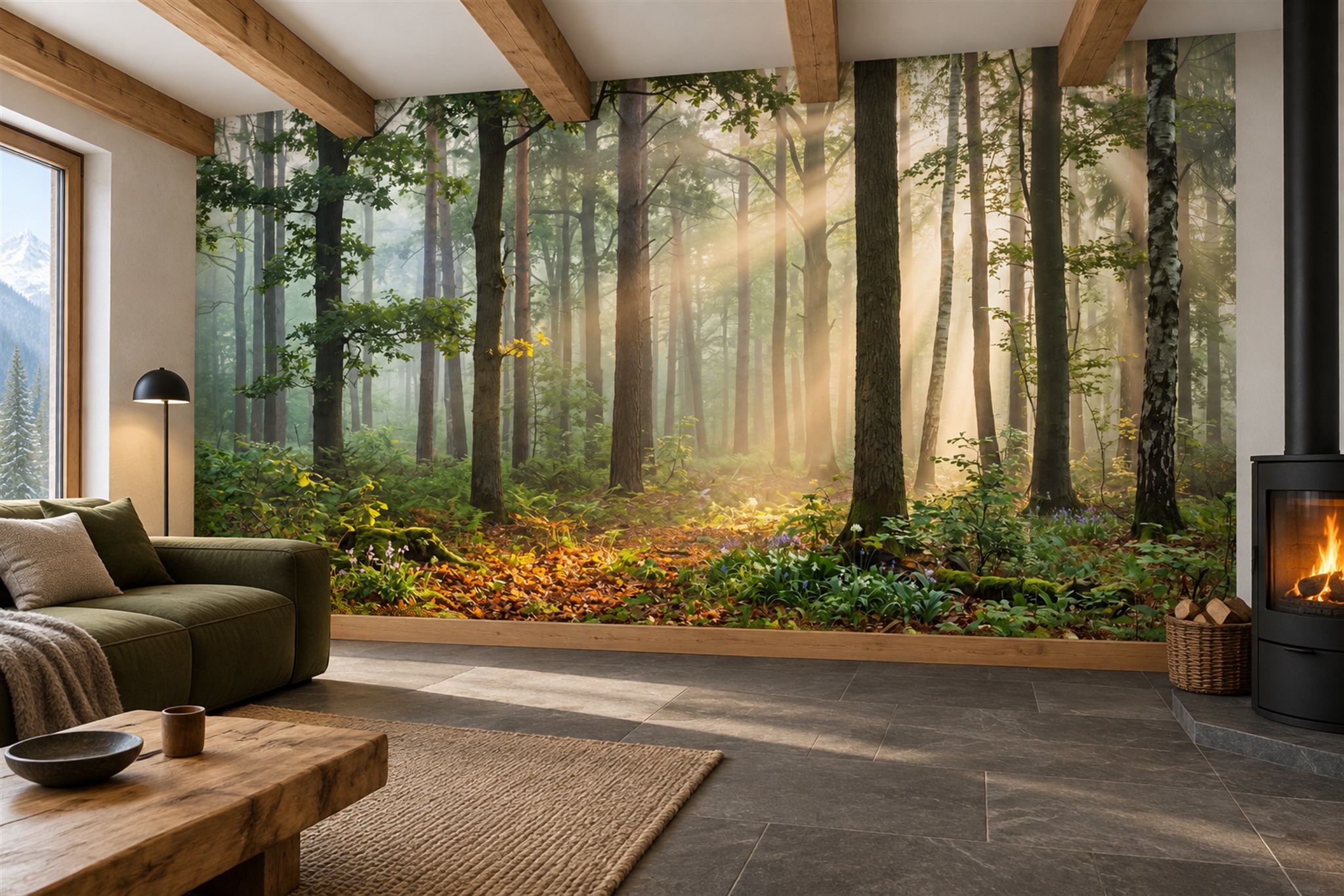 Green Scenic Scenic Watercolour Wallpaper Mural Accent-wall-wallpaper-murals, Peel-and-stick Finish