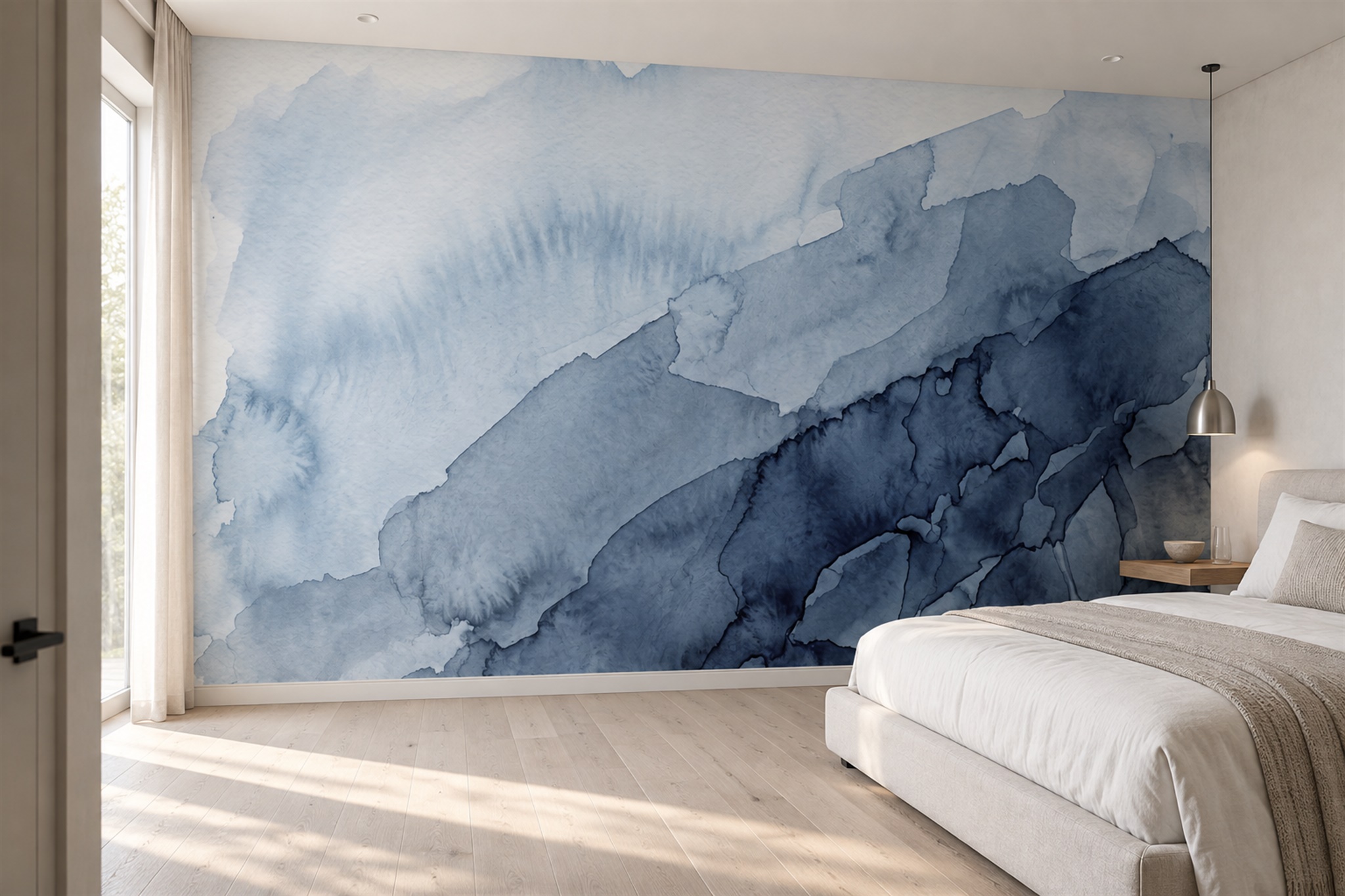 Blue Fluid Artful Abstract Wallpaper Mural Bedroom-wallpaper-murals, Peel-and-stick Finish