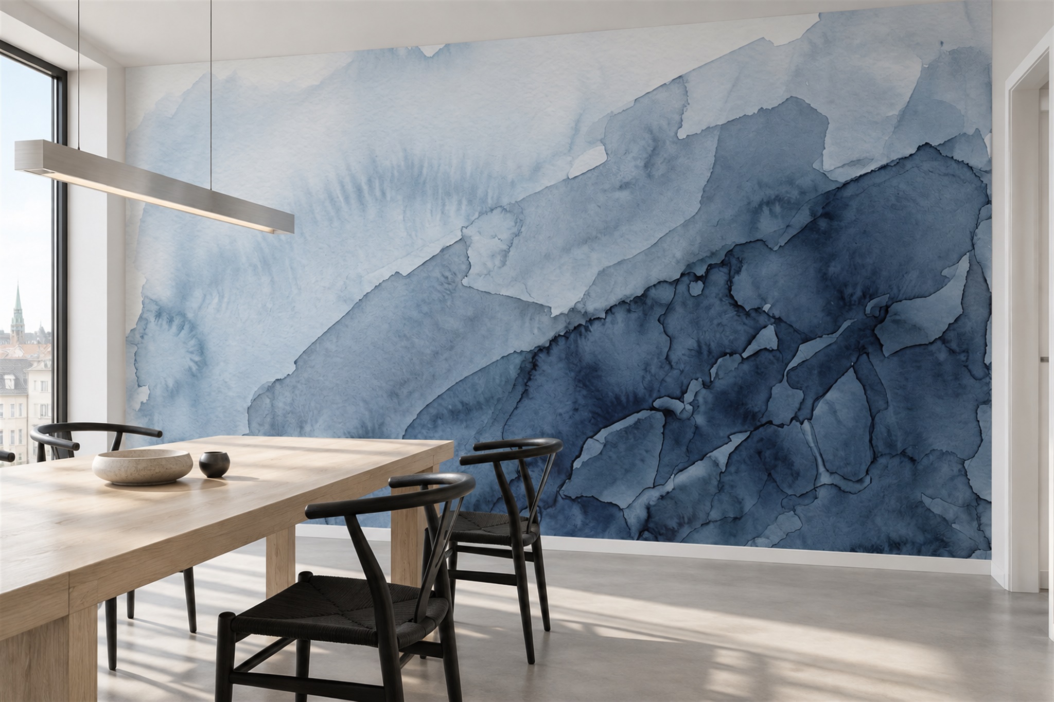 Blue Fluid Artful Abstract Wallpaper Mural Hallway-wallpaper-murals, Peel-and-stick Finish