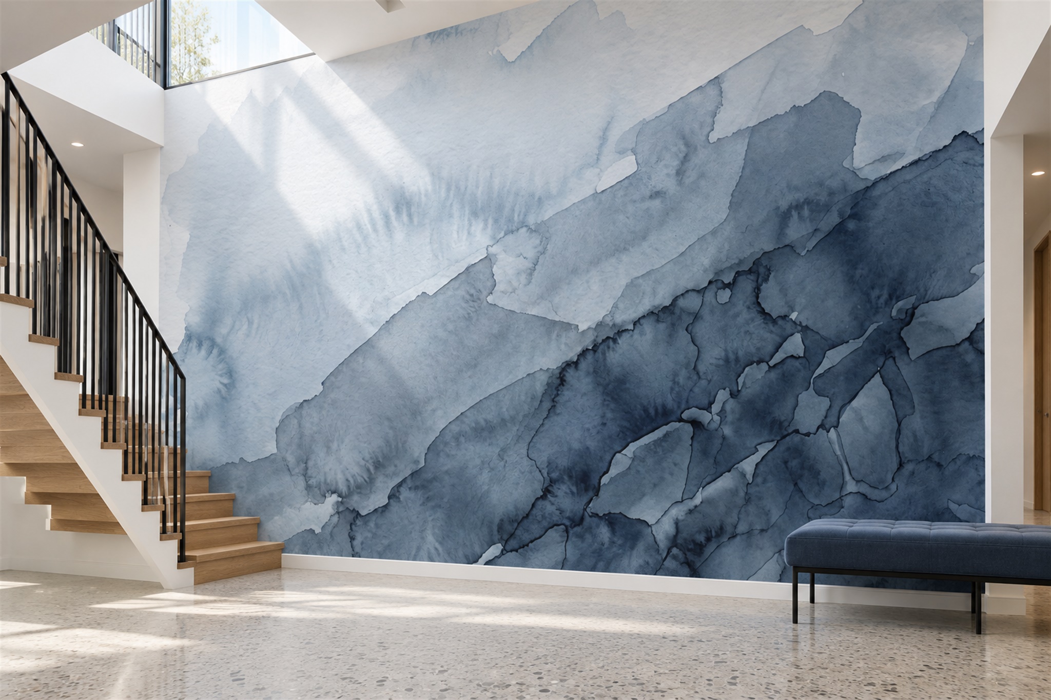 Blue Fluid Artful Abstract Wallpaper Mural Hallway-wallpaper-murals, Peel-and-stick Finish