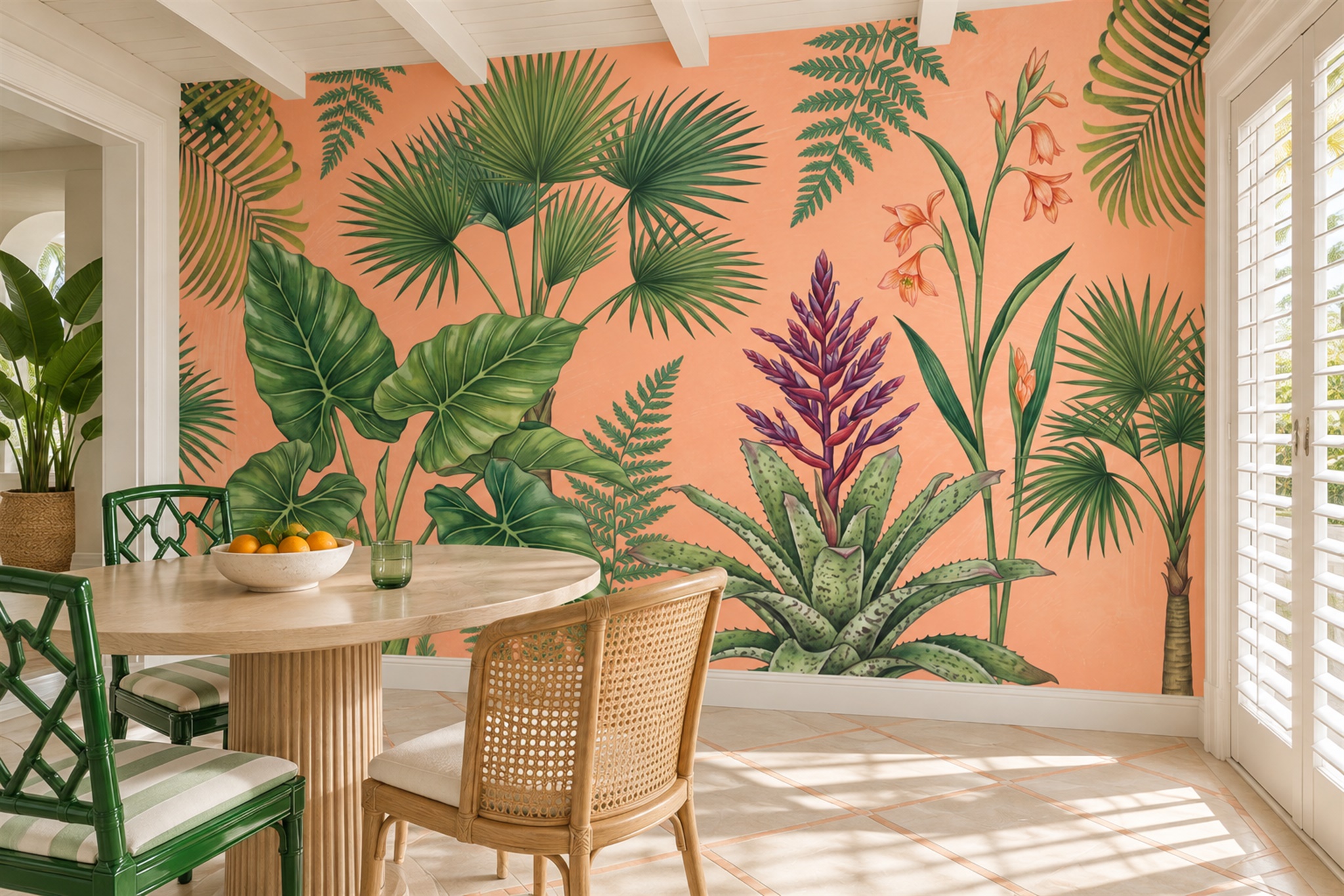 Coral Tropical Artful Wallpaper Mural Dining-room-wallpaper-murals, Shown In A Dining Room, Peel-and-stick Finish