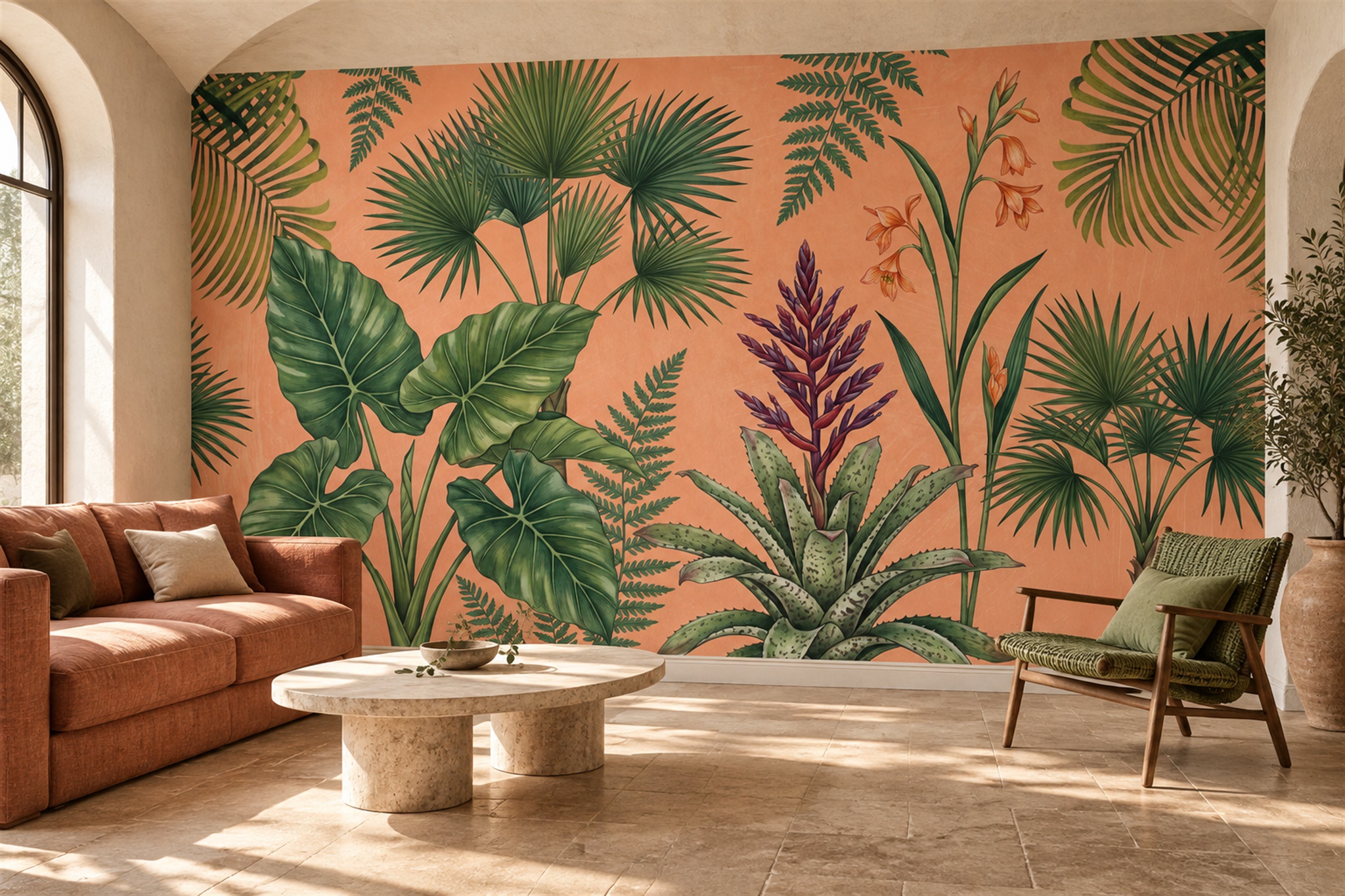 Coral Tropical Artful Wallpaper Mural Accent-wall-wallpaper-murals, Peel-and-stick Finish